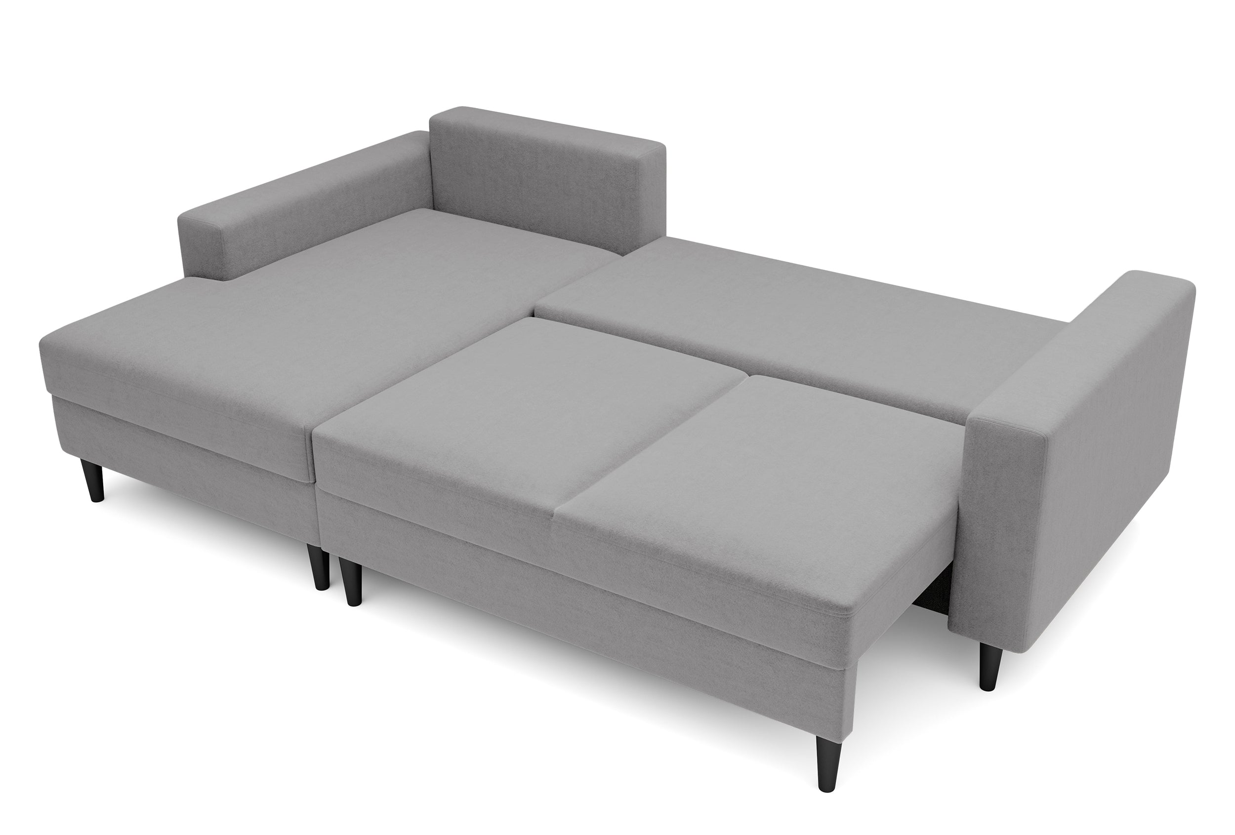 Ecksofa mit Schlafunktion Nalika, L-förmig, mit Stauraum, grauer hydrophober Samt, linksseitig