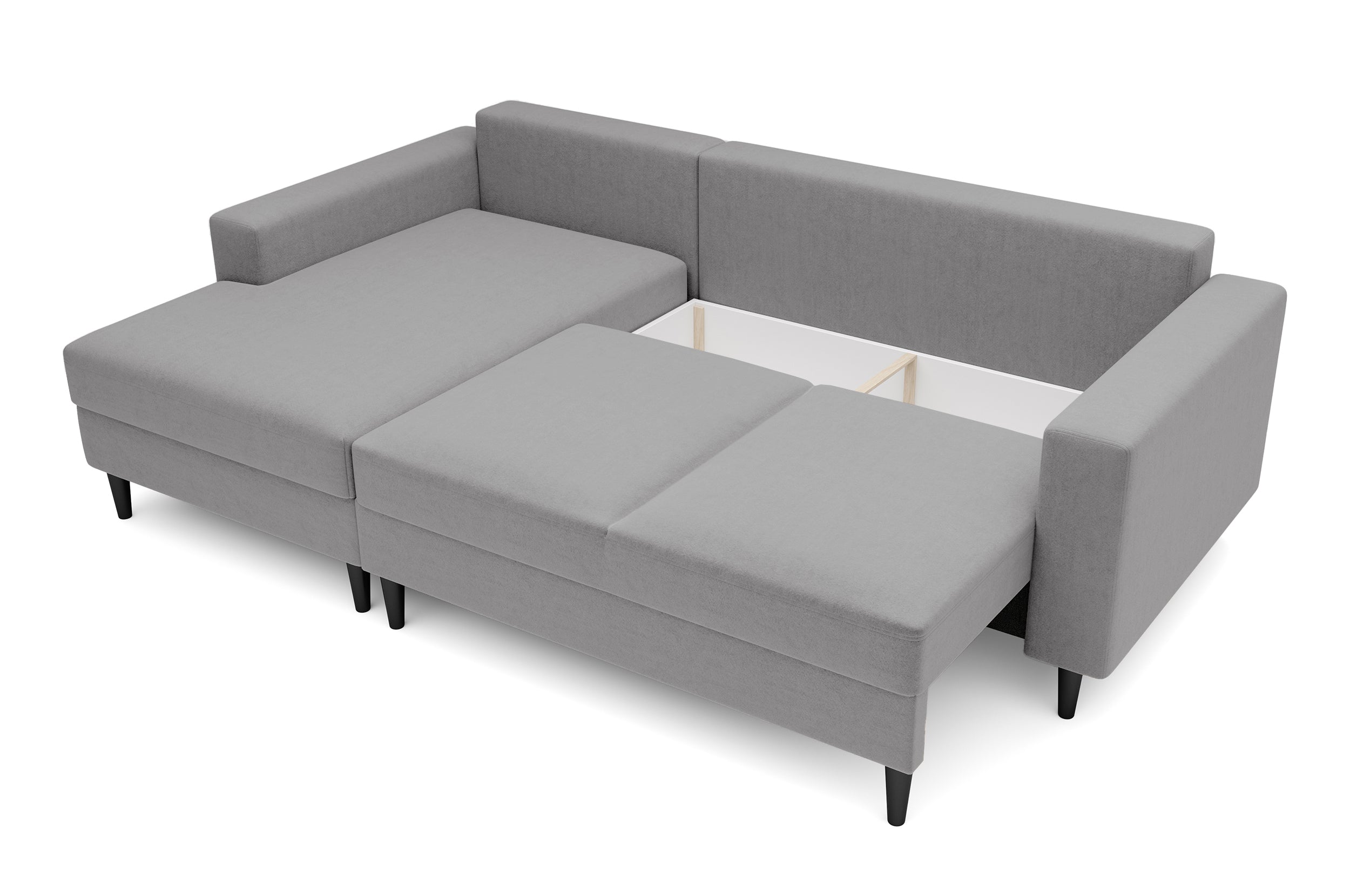 Ecksofa mit Schlafunktion Nalika, L-förmig, mit Stauraum, grauer hydrophober Samt, linksseitig