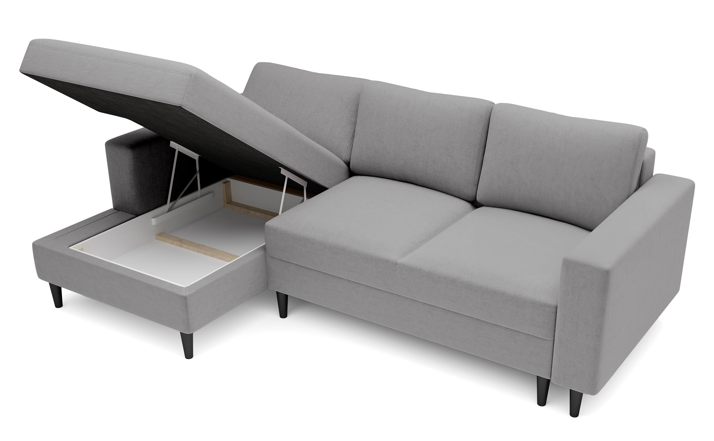 Ecksofa mit Schlafunktion Nalika, L-förmig, mit Stauraum, grauer hydrophober Samt, linksseitig