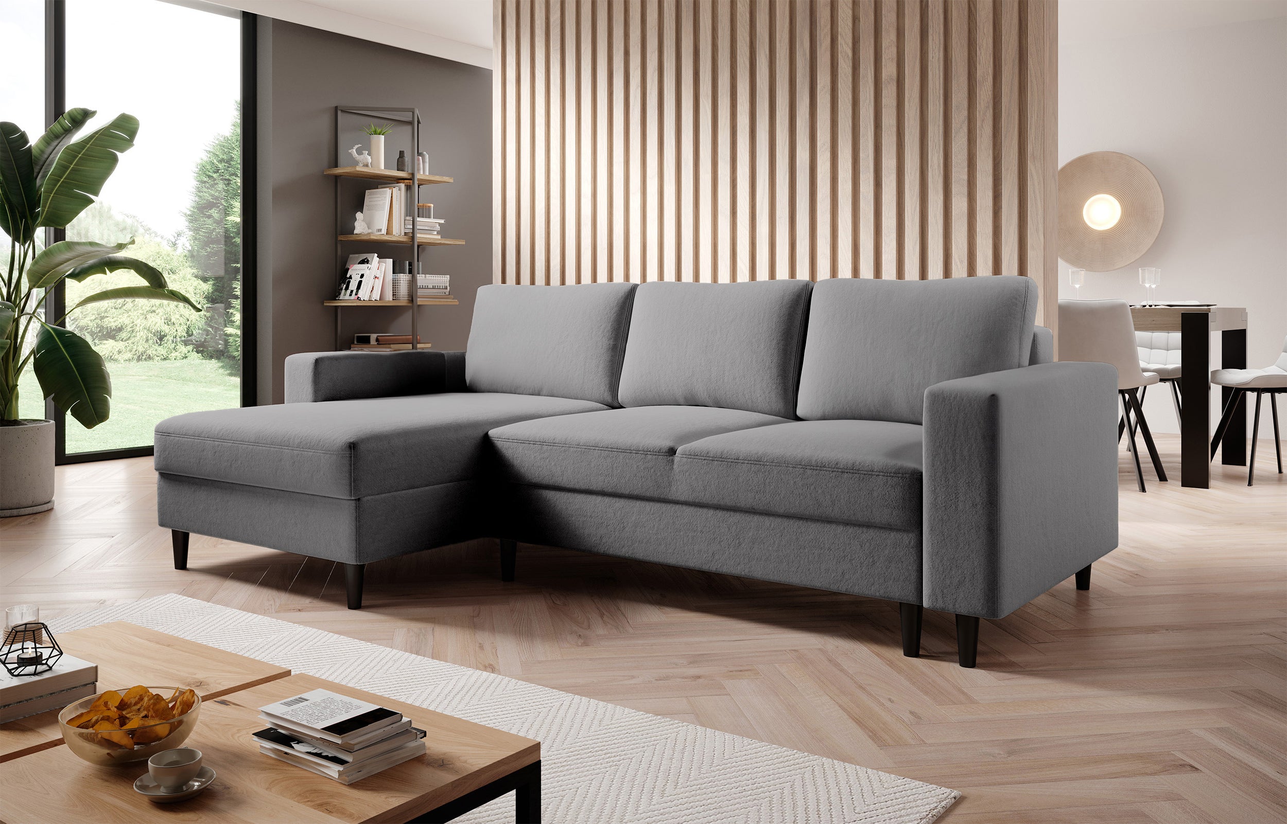 Ecksofa mit Schlafunktion Nalika, L-förmig, mit Stauraum, grauer hydrophober Samt, linksseitig