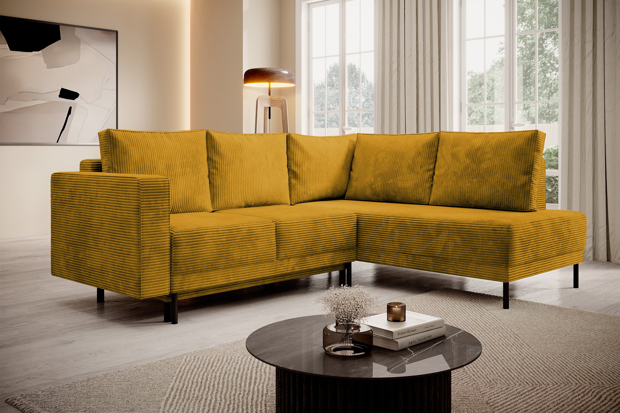 Ecksofa Rodario mit Schlafunktion und Bettkasten, senfgelber Cord, rechtsseitig
