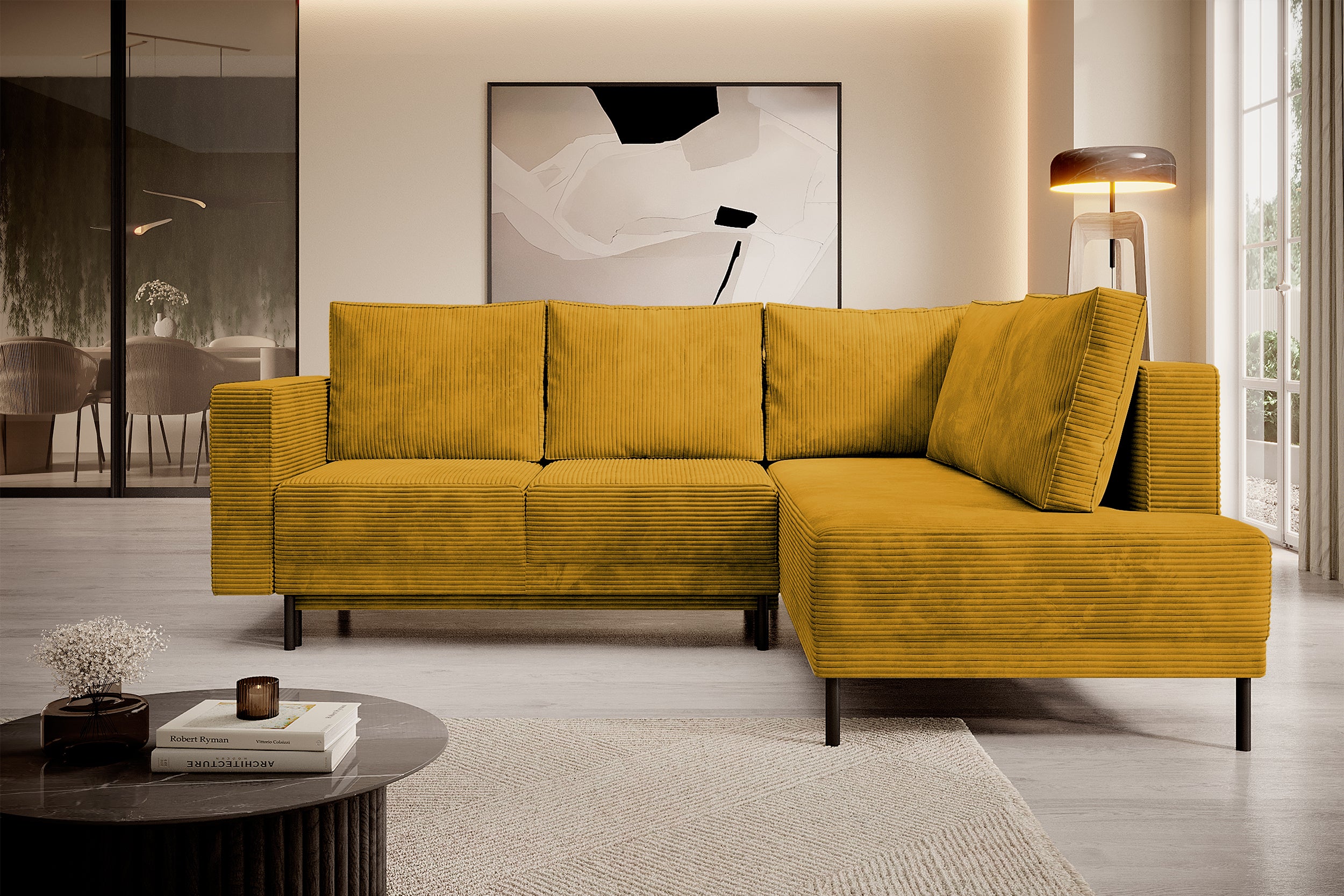 Ecksofa Rodario mit Schlafunktion und Bettkasten, senfgelber Cord, rechtsseitig