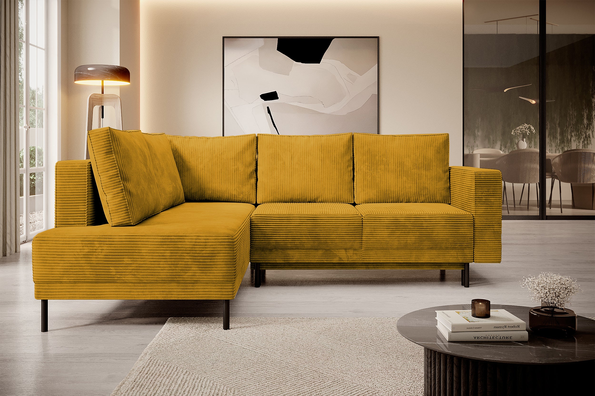 Ecksofa Rodario mit Schlafunktion und Bettkasten, senfgelber Cord, linksseitig