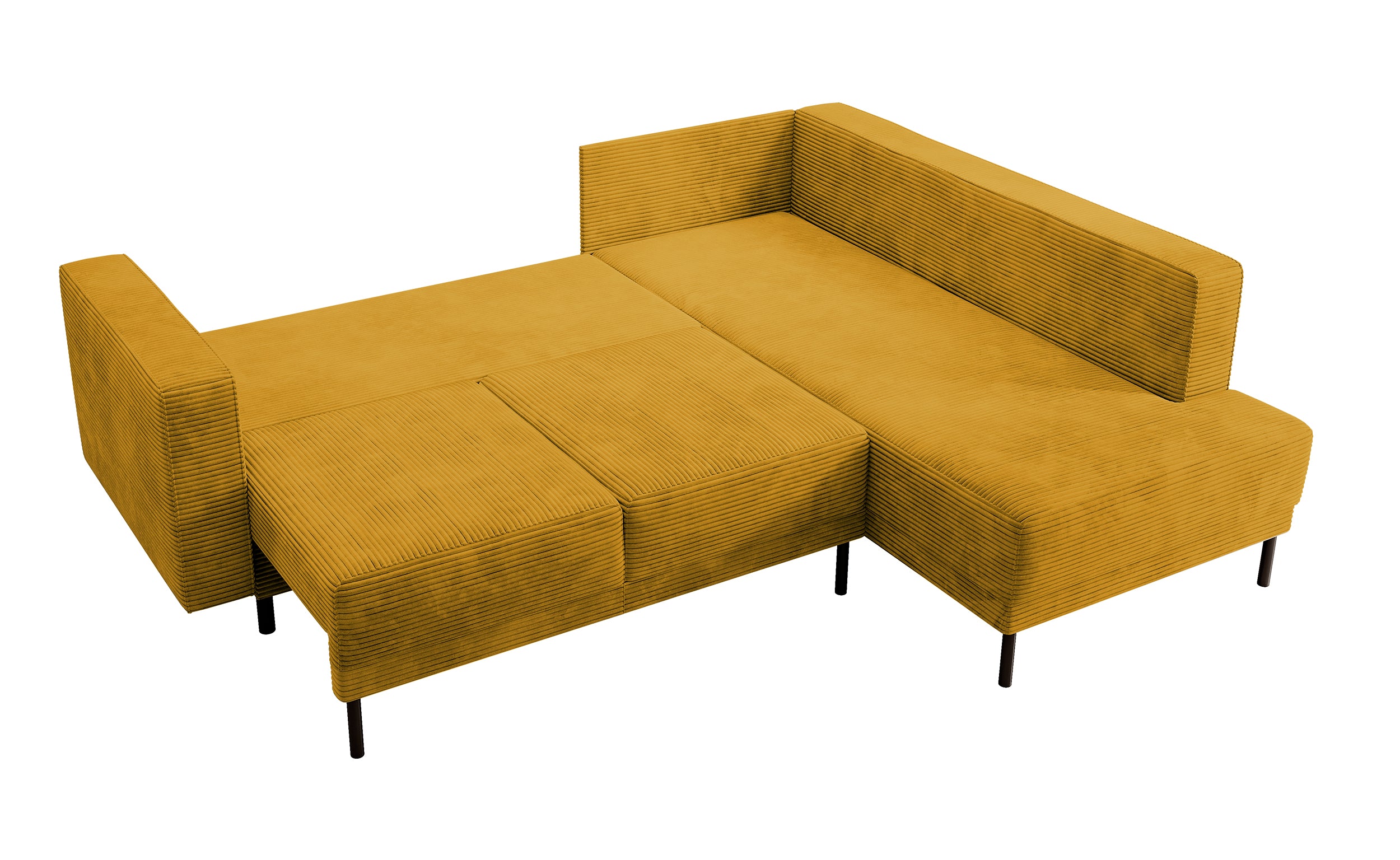 Ecksofa Rodario mit Schlafunktion und Bettkasten, senfgelber Cord, rechtsseitig