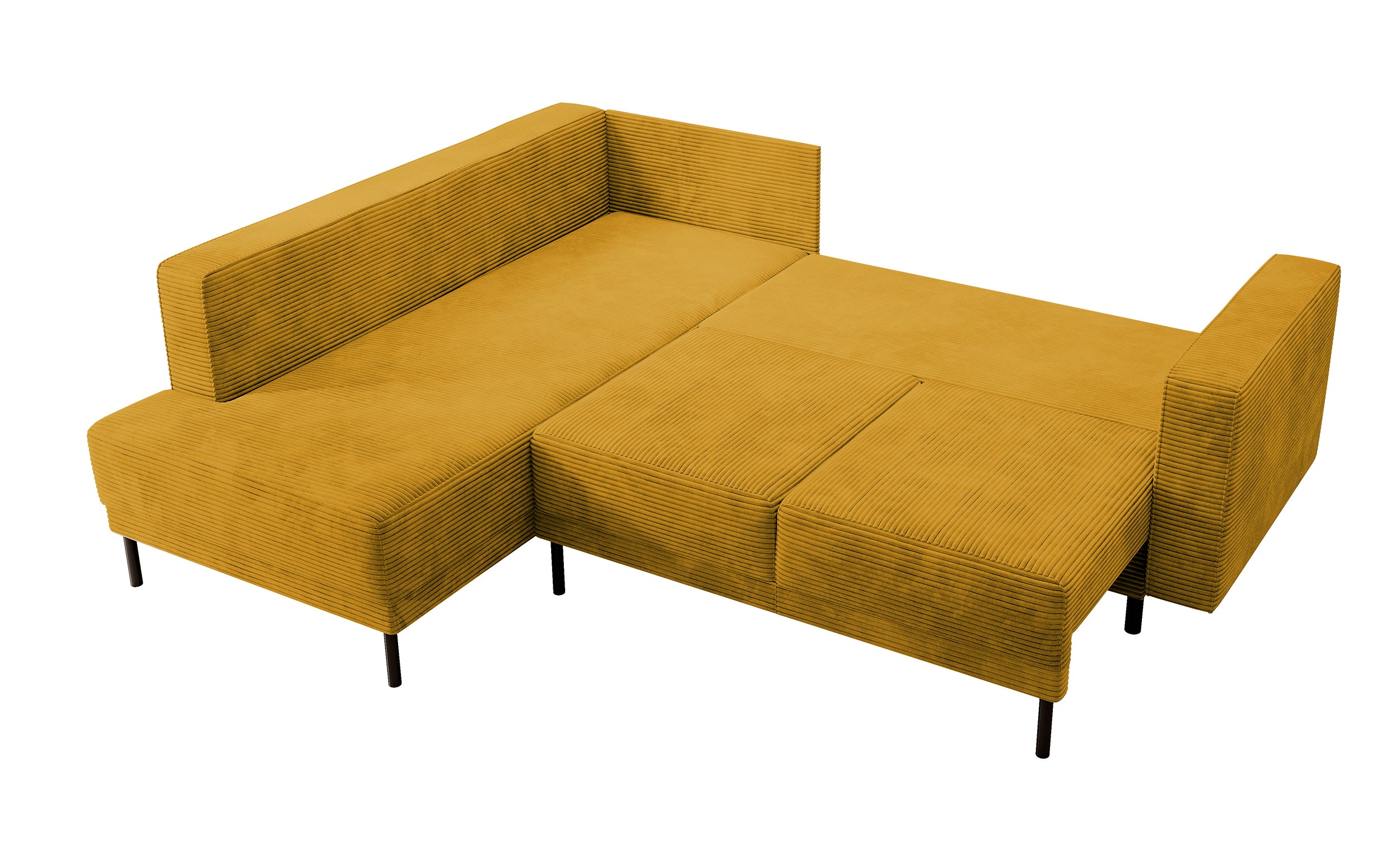 Ecksofa Rodario mit Schlafunktion und Bettkasten, senfgelber Cord, linksseitig