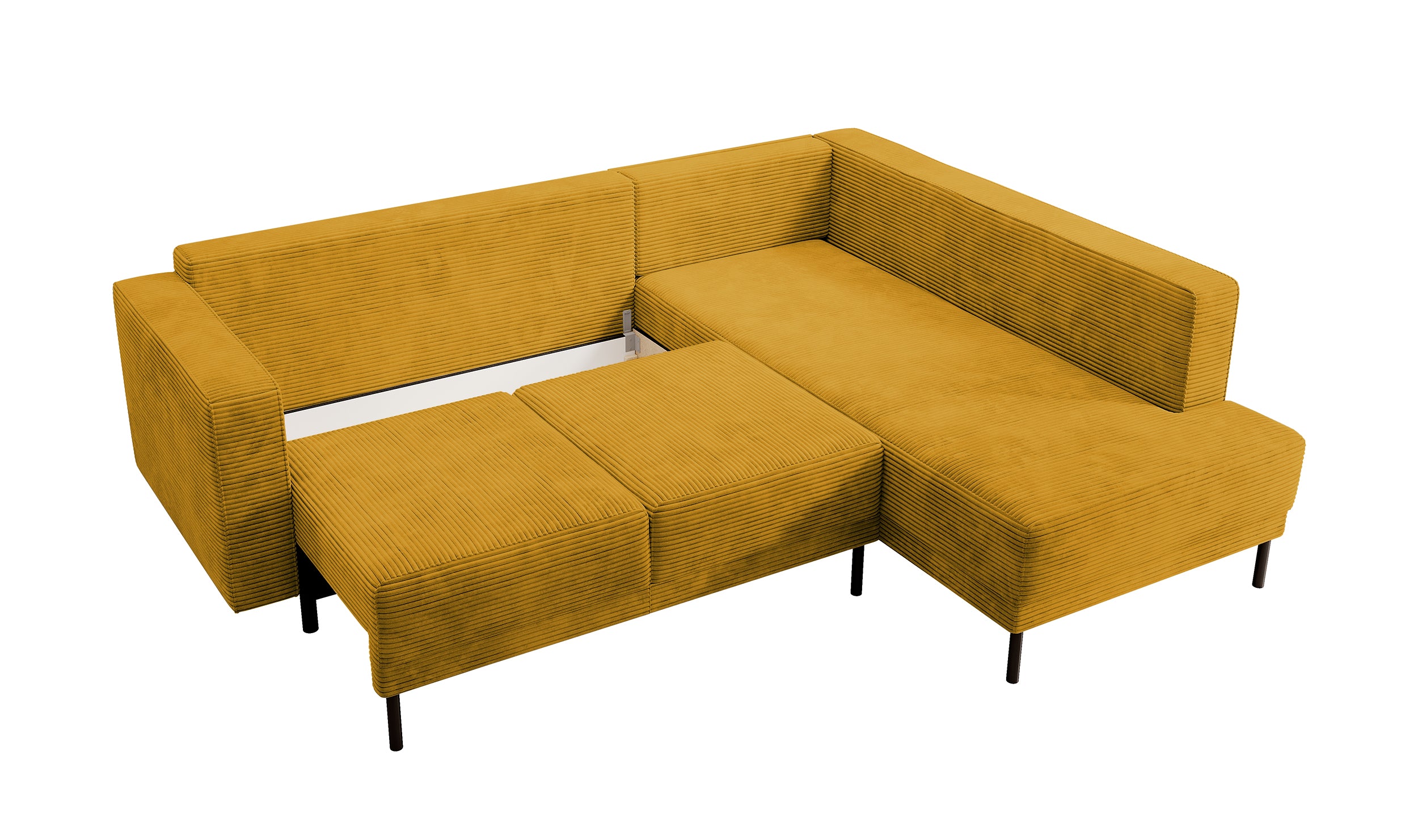 Ecksofa Rodario mit Schlafunktion und Bettkasten, senfgelber Cord, rechtsseitig