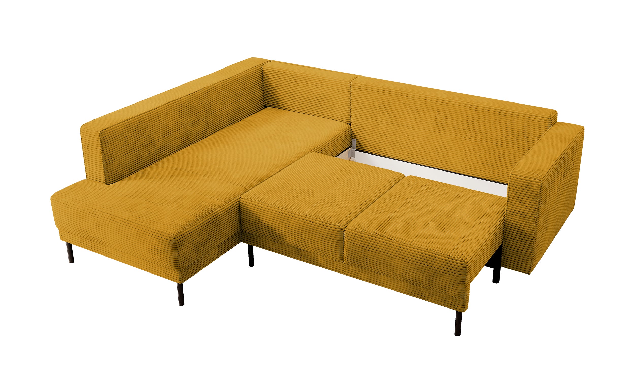 Ecksofa Rodario mit Schlafunktion und Bettkasten, senfgelber Cord, linksseitig