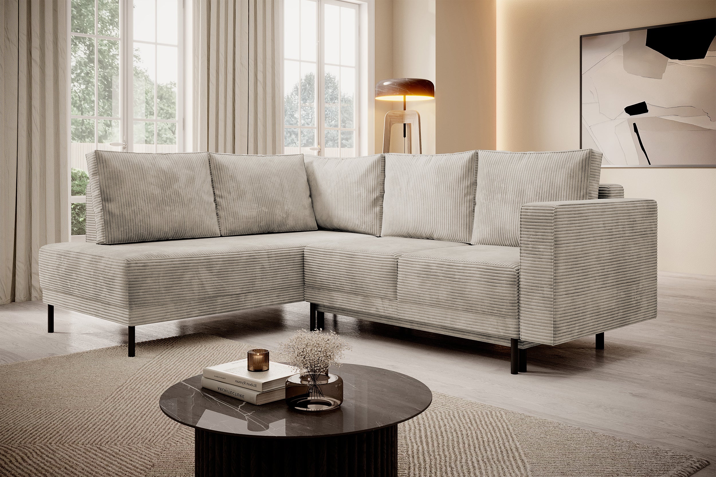 Ecksofa Rodario mit Schlaffunktion und Bettkasten, dunkelbeige Cord, linksseitig