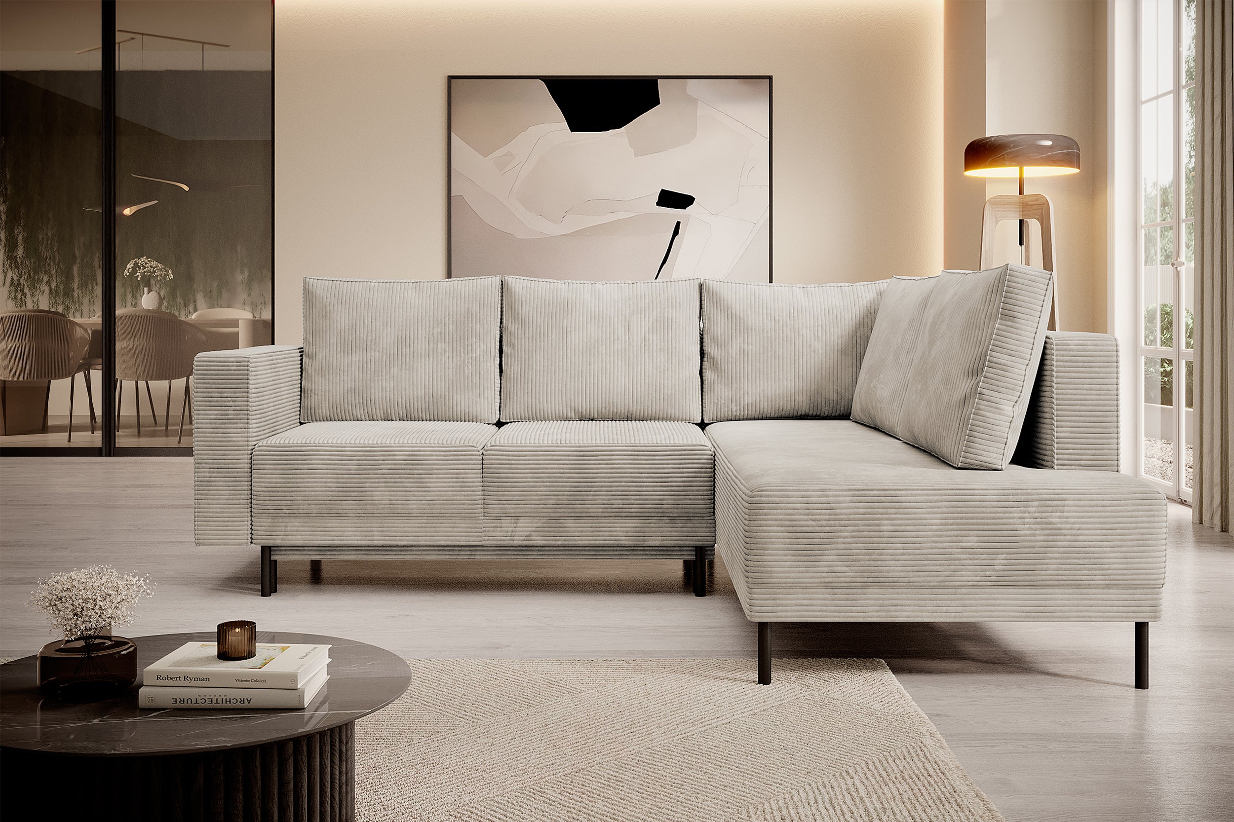 Ecksofa Rodario mit Schlaffunktion und Bettkasten, dunkelbeige Cord, rechtsseitig