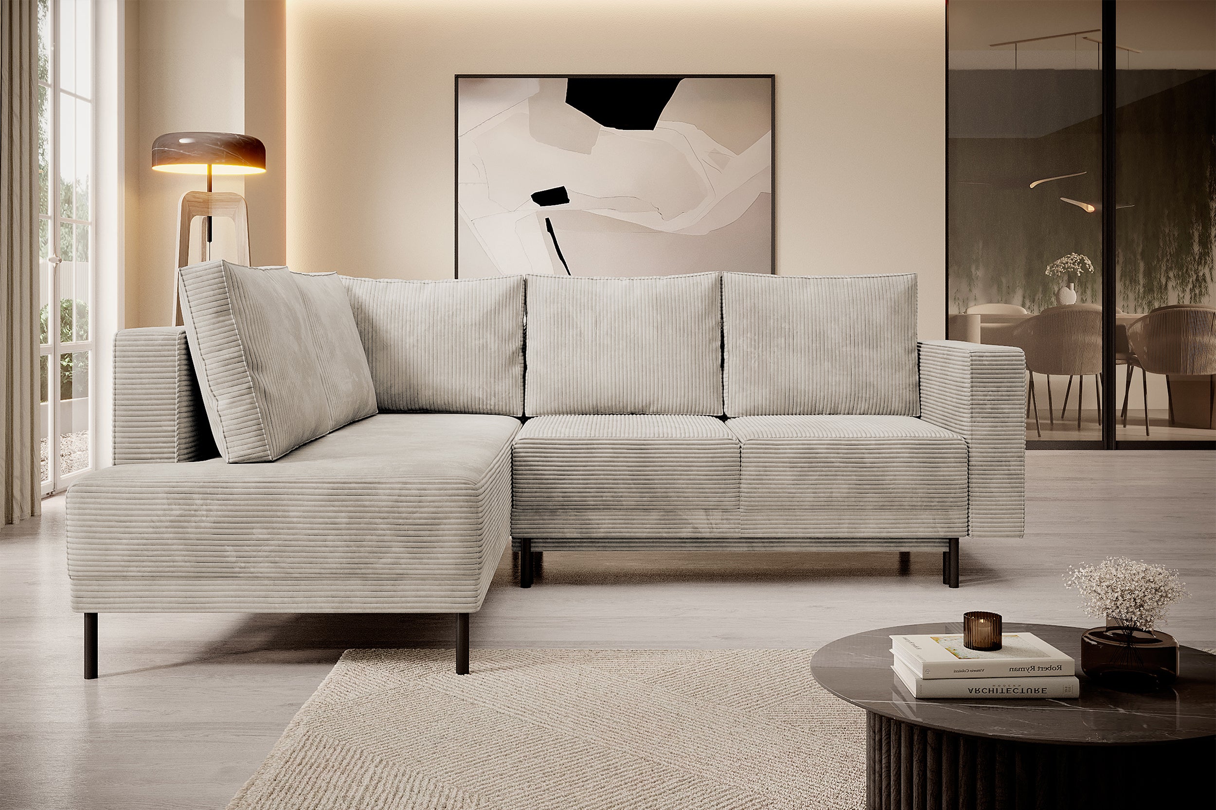 Ecksofa Rodario mit Schlaffunktion und Bettkasten, dunkelbeige Cord, linksseitig