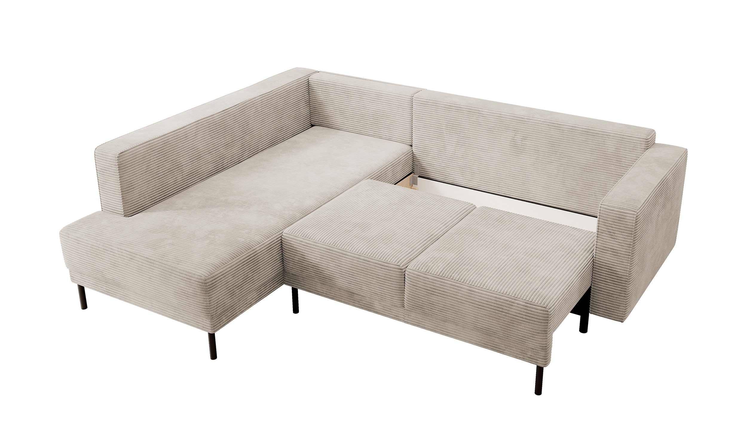 Ecksofa Rodario mit Schlaffunktion und Bettkasten, dunkelbeige Cord, linksseitig
