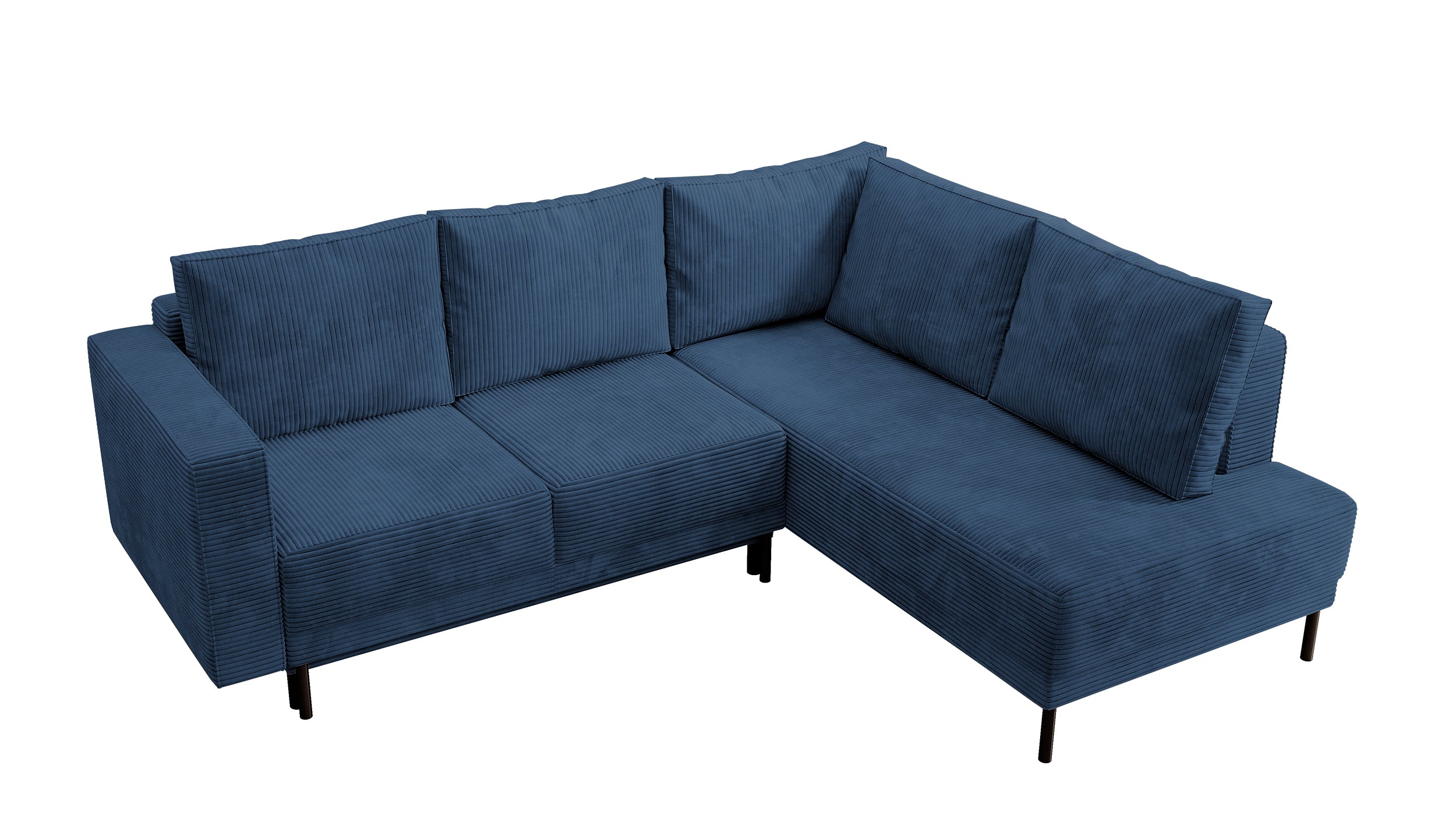 Ecksofa Rodario mit Schlaffunktion und Bettkasten, dunkelblauer Cord, rechtsseitig