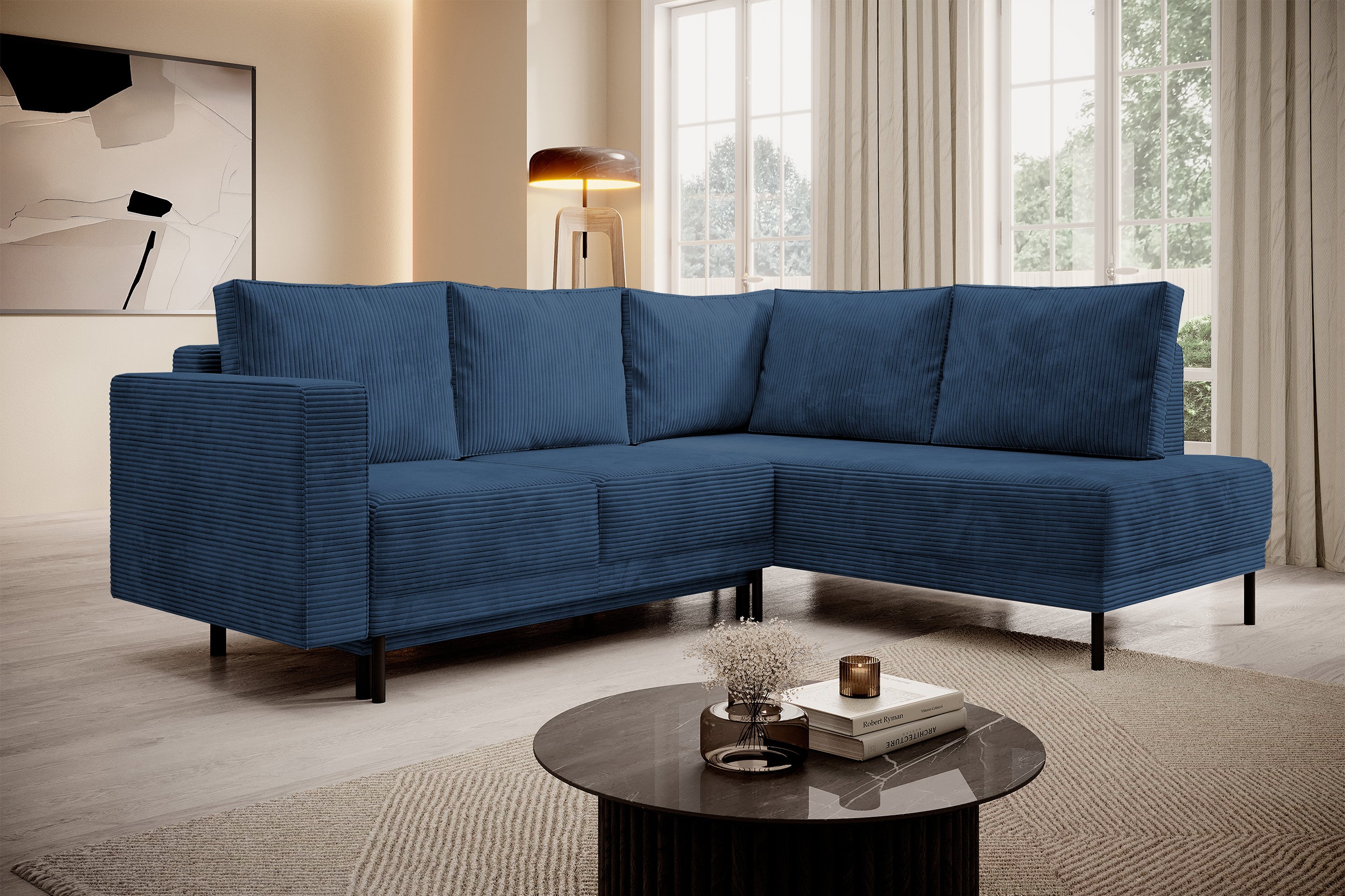 Ecksofa Rodario mit Schlaffunktion und Bettkasten, dunkelblauer Cord, rechtsseitig