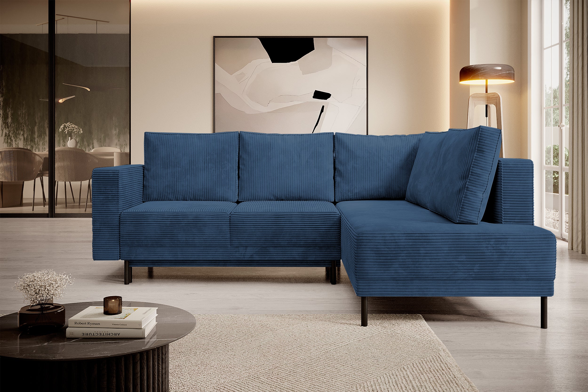 Ecksofa Rodario mit Schlaffunktion und Bettkasten, dunkelblauer Cord, rechtsseitig