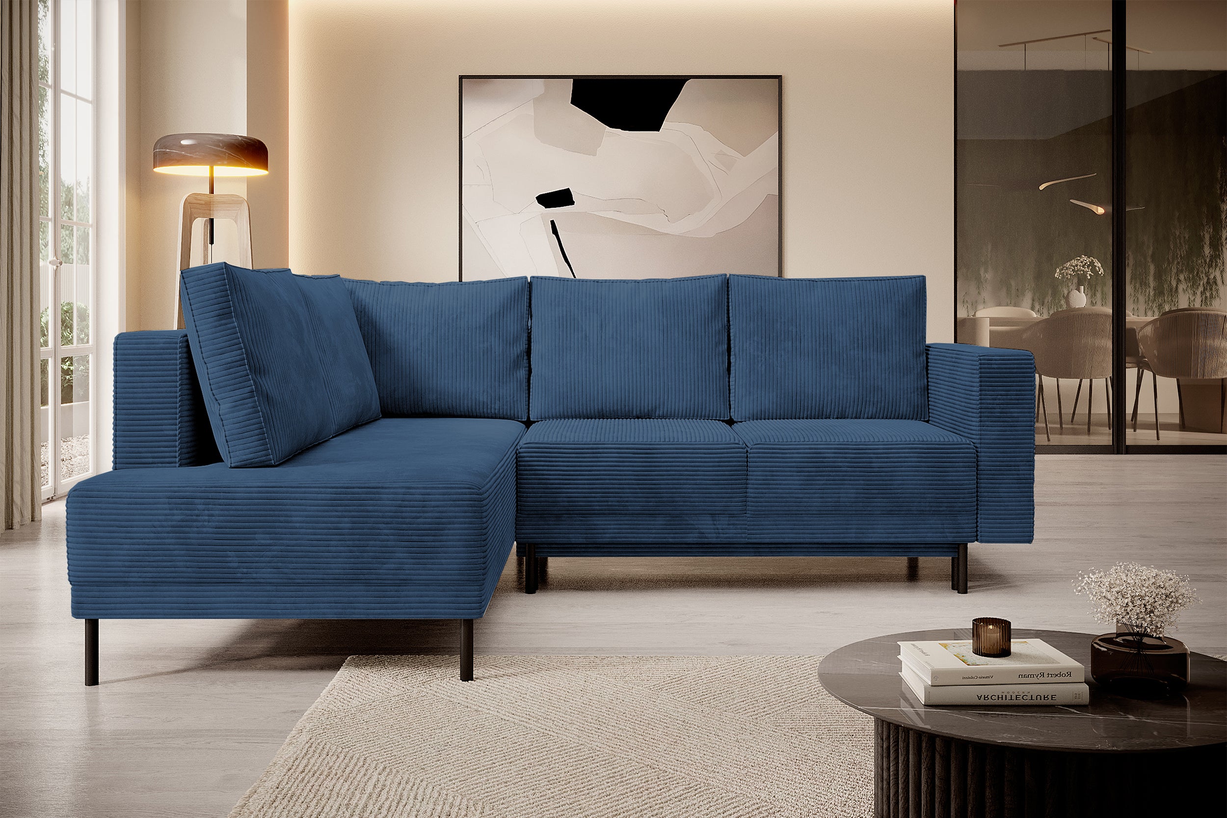 Ecksofa Rodario mit Schlaffunktion und Bettkasten, dunkelblauer Cord, linksseitig