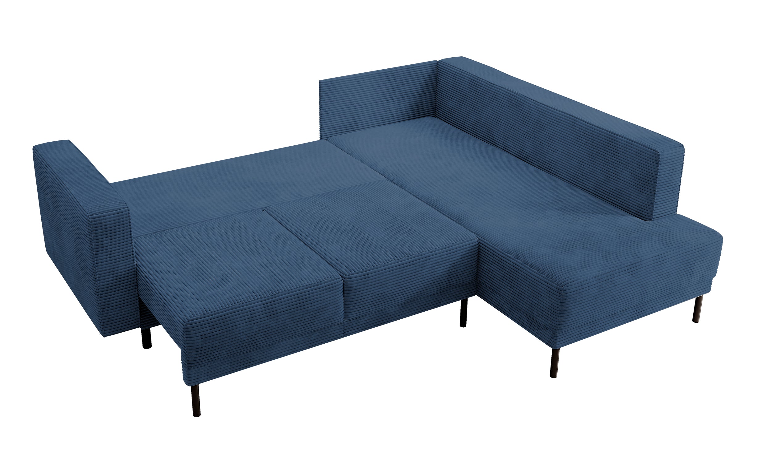 Ecksofa Rodario mit Schlaffunktion und Bettkasten, dunkelblauer Cord, rechtsseitig