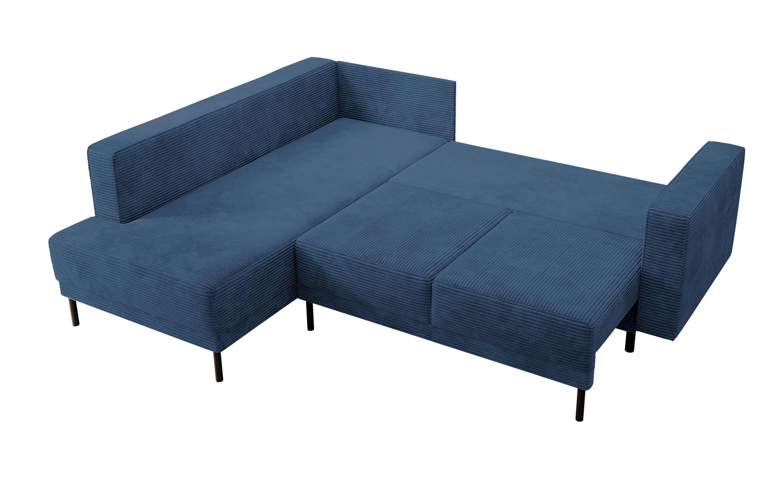 Ecksofa Rodario mit Schlaffunktion und Bettkasten, dunkelblauer Cord, linksseitig