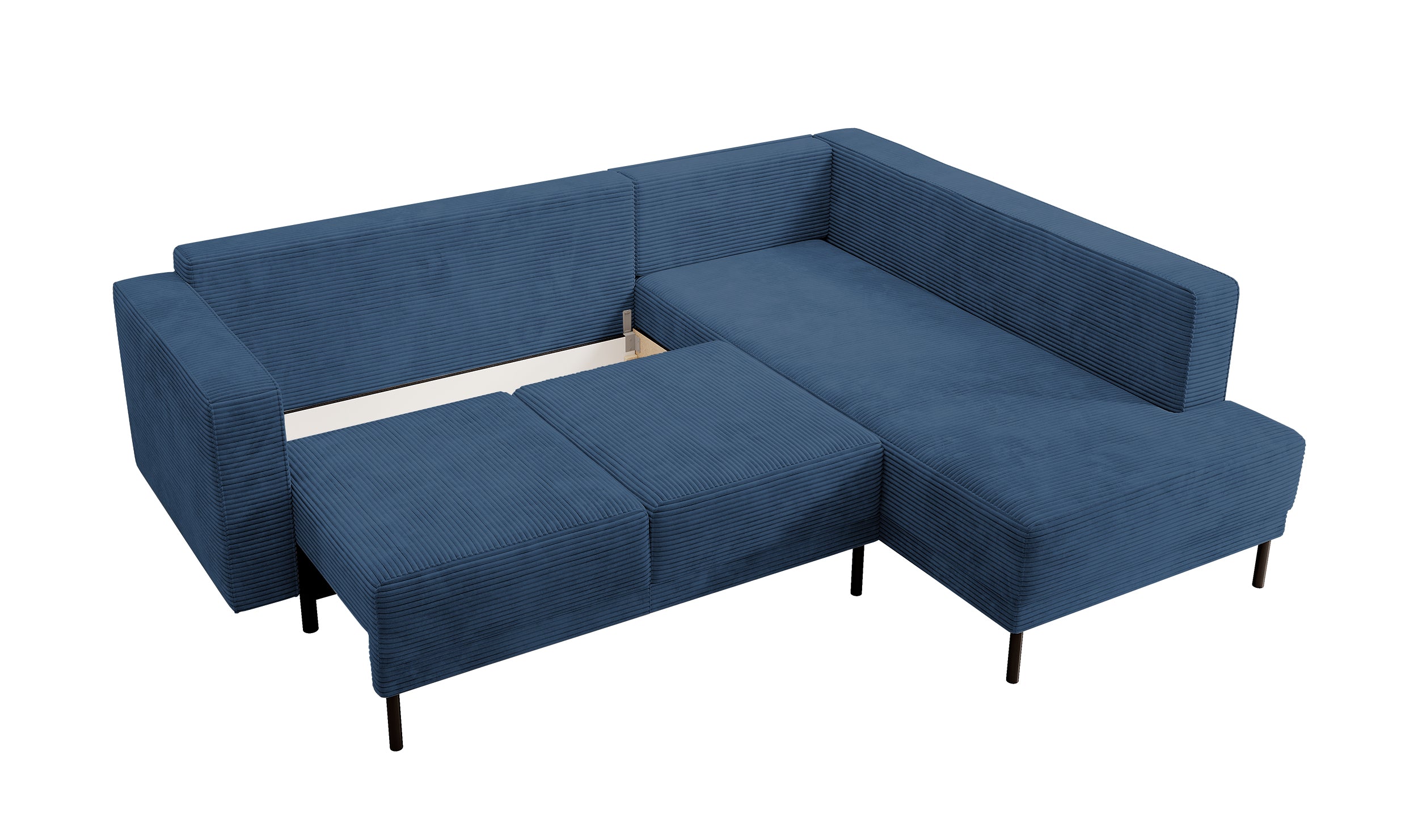 Ecksofa Rodario mit Schlaffunktion und Bettkasten, dunkelblauer Cord, rechtsseitig