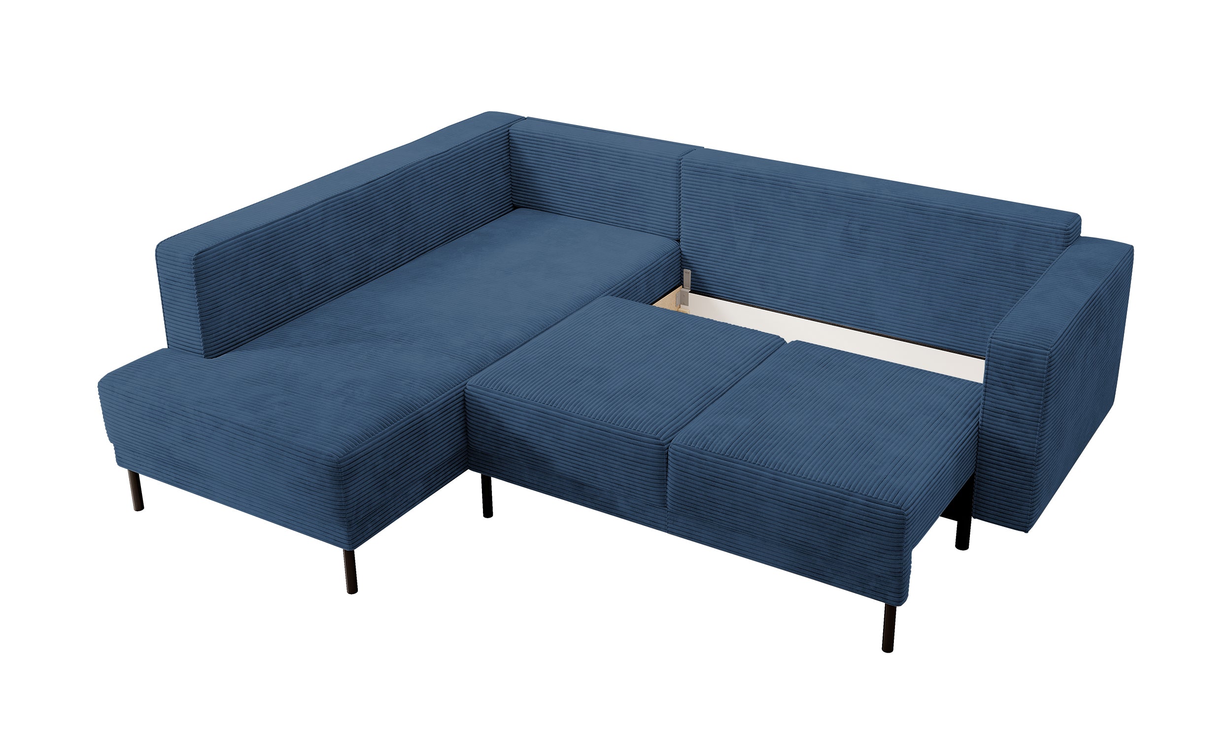 Ecksofa Rodario mit Schlaffunktion und Bettkasten, dunkelblauer Cord, linksseitig