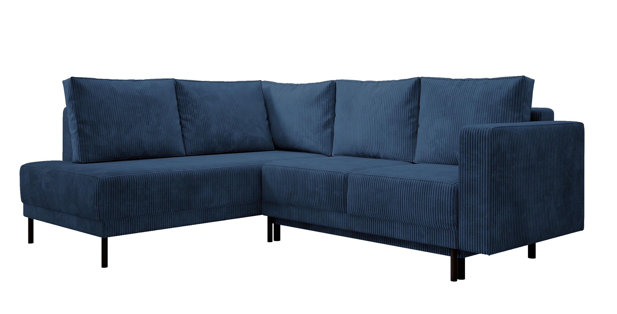 Ecksofa Rodario mit Schlaffunktion und Bettkasten, dunkelblauer Cord, linksseitig