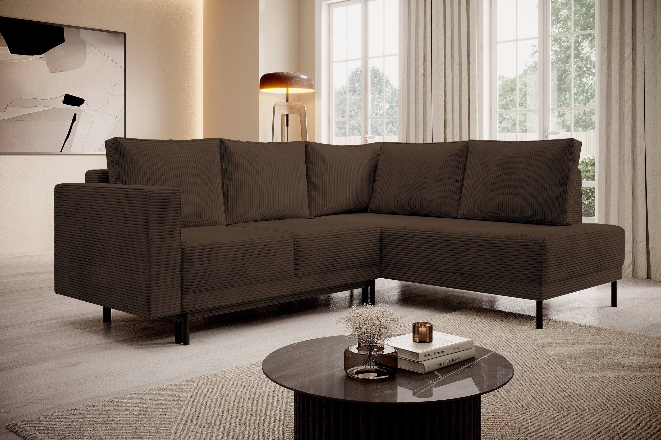 Ecksofa Rodario mit Schlafunktion und Bettkasten, dunkelbrauner Cord, rechtsseitig