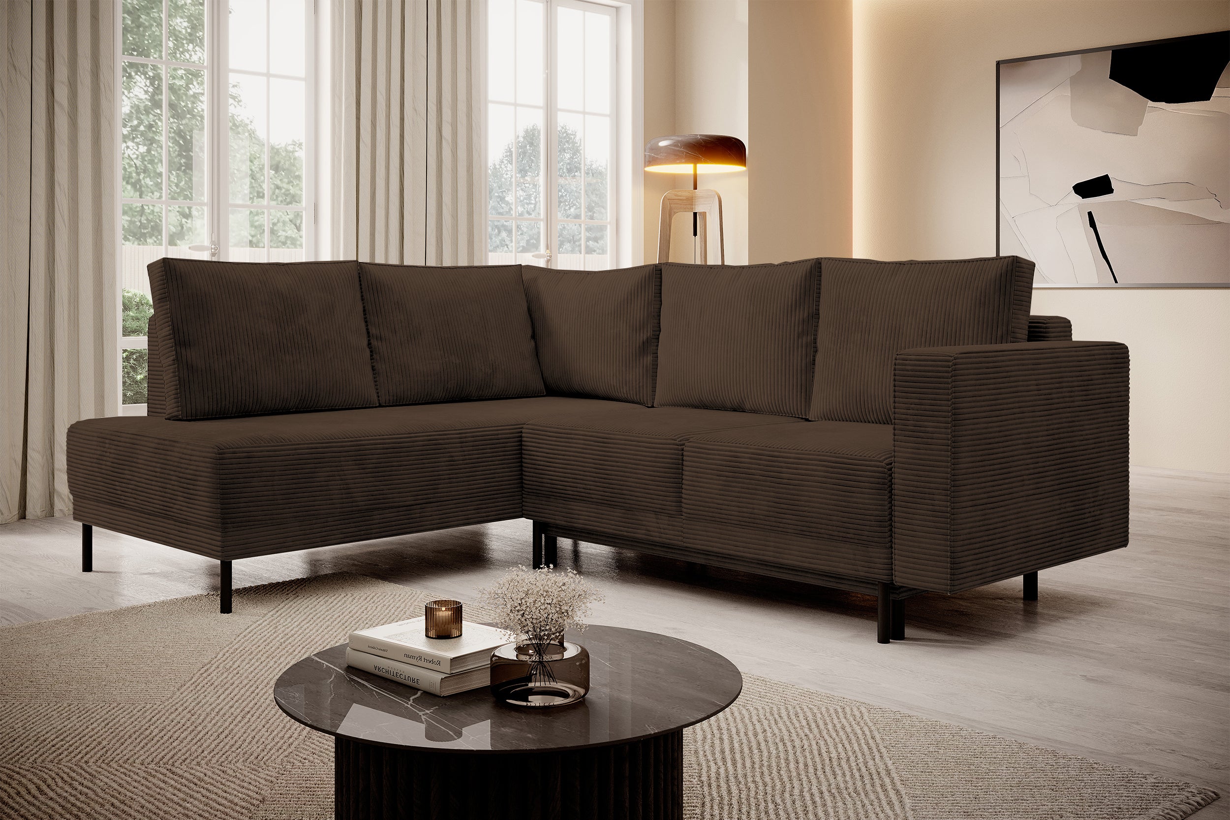 Ecksofa Rodario mit Schlaffunktion und Bettkasten, dunkelbrauner Cord, linksseitig