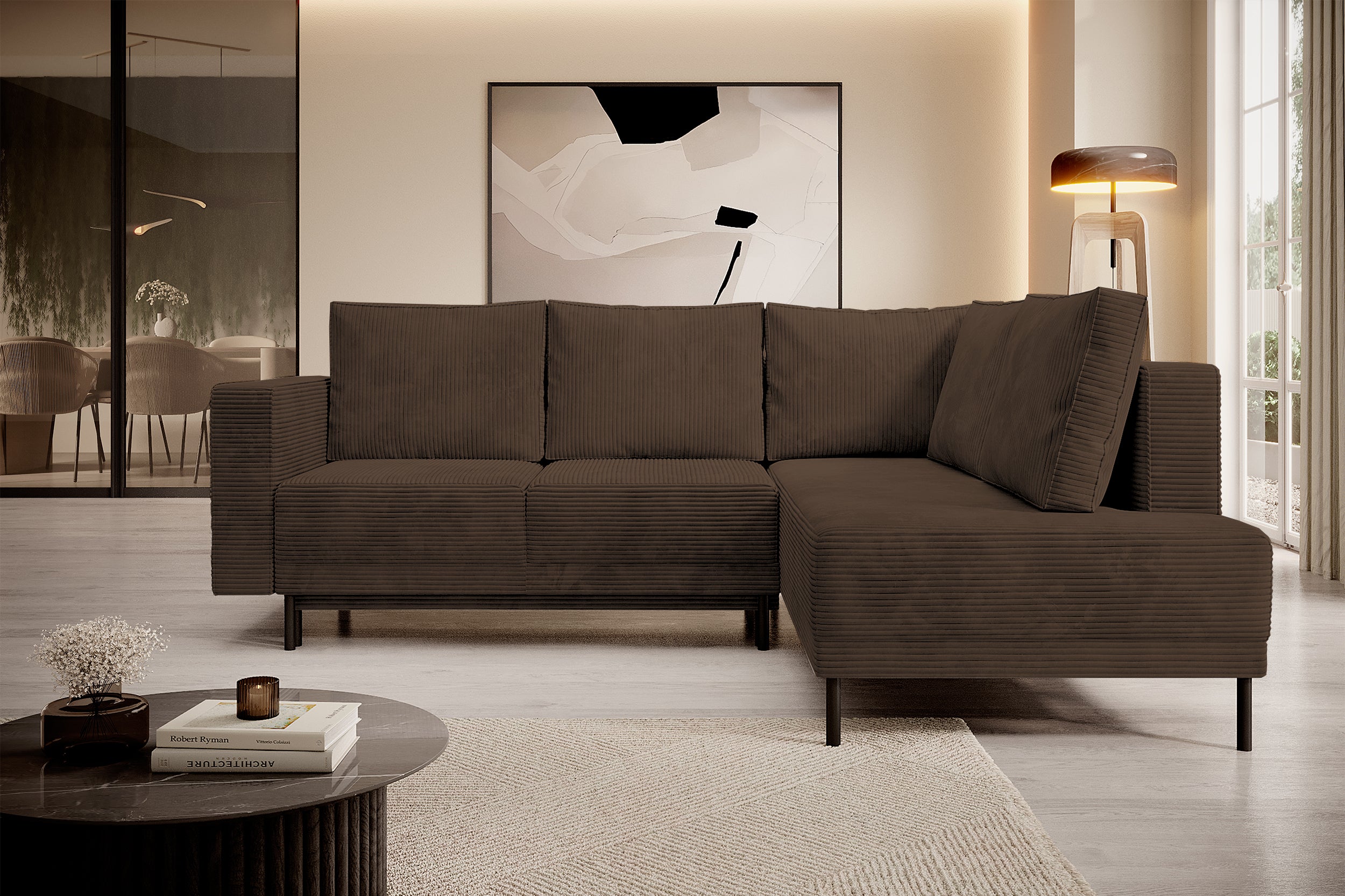 Ecksofa Rodario mit Schlafunktion und Bettkasten, dunkelbrauner Cord, rechtsseitig
