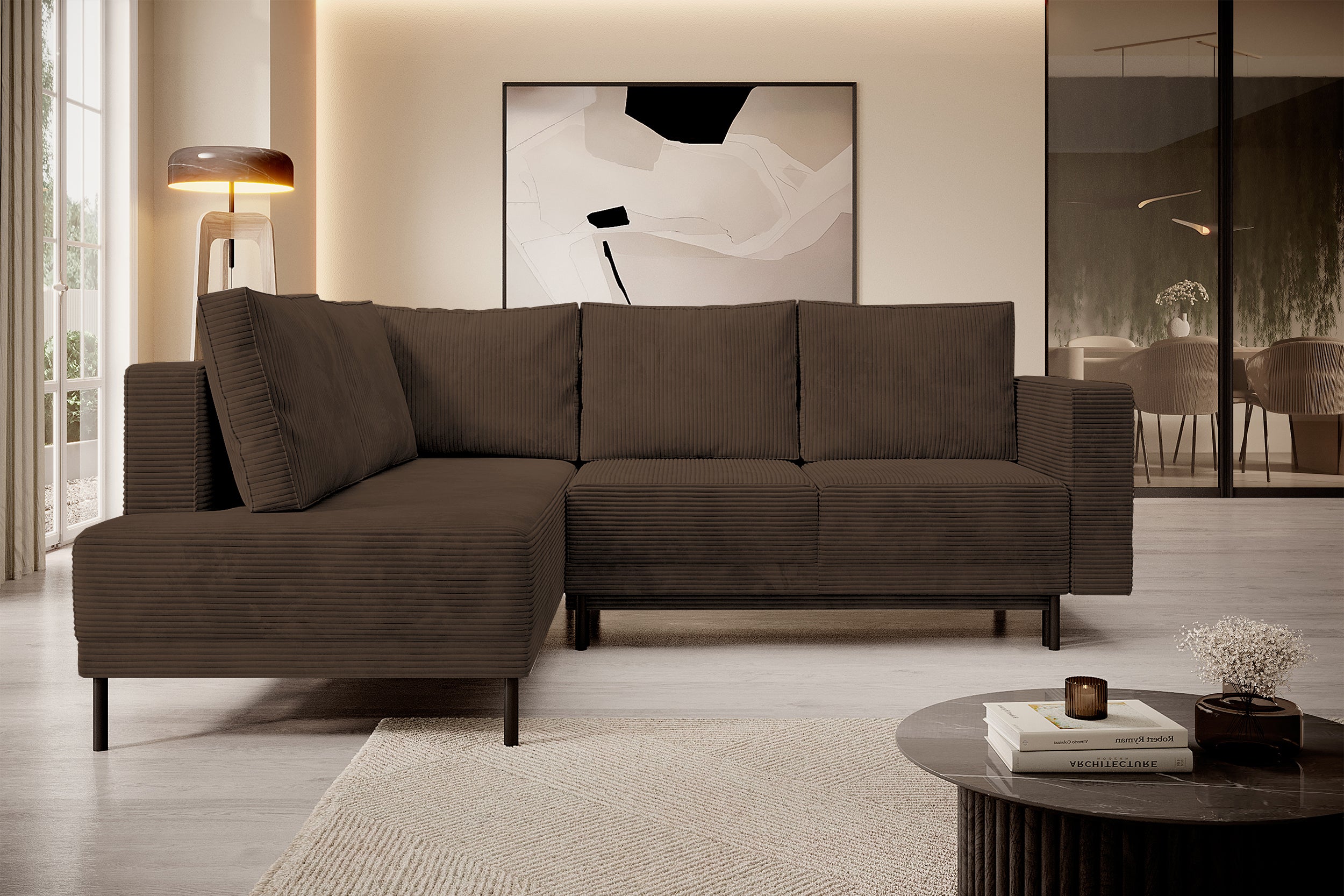 Ecksofa Rodario mit Schlaffunktion und Bettkasten, dunkelbrauner Cord, linksseitig