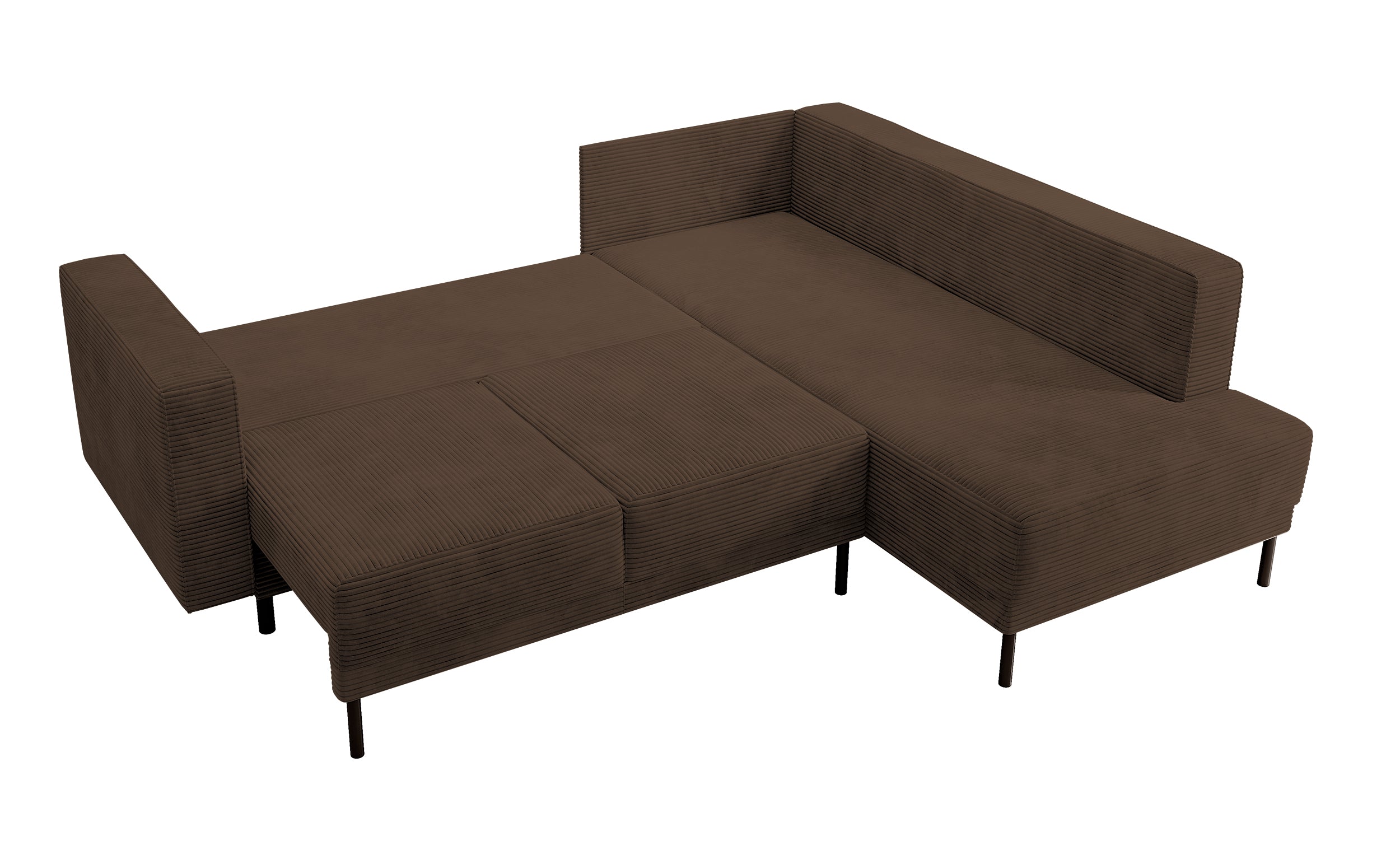 Ecksofa Rodario mit Schlafunktion und Bettkasten, dunkelbrauner Cord, rechtsseitig