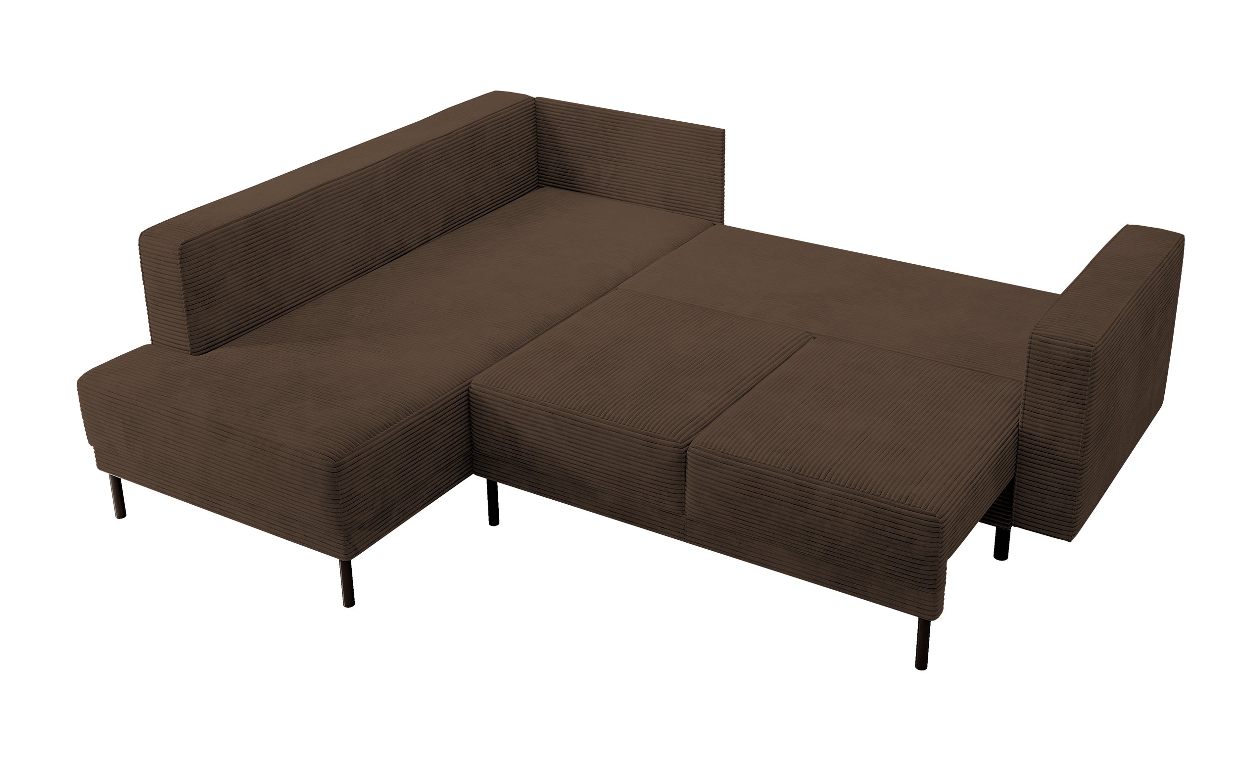 Ecksofa Rodario mit Schlaffunktion und Bettkasten, dunkelbrauner Cord, linksseitig
