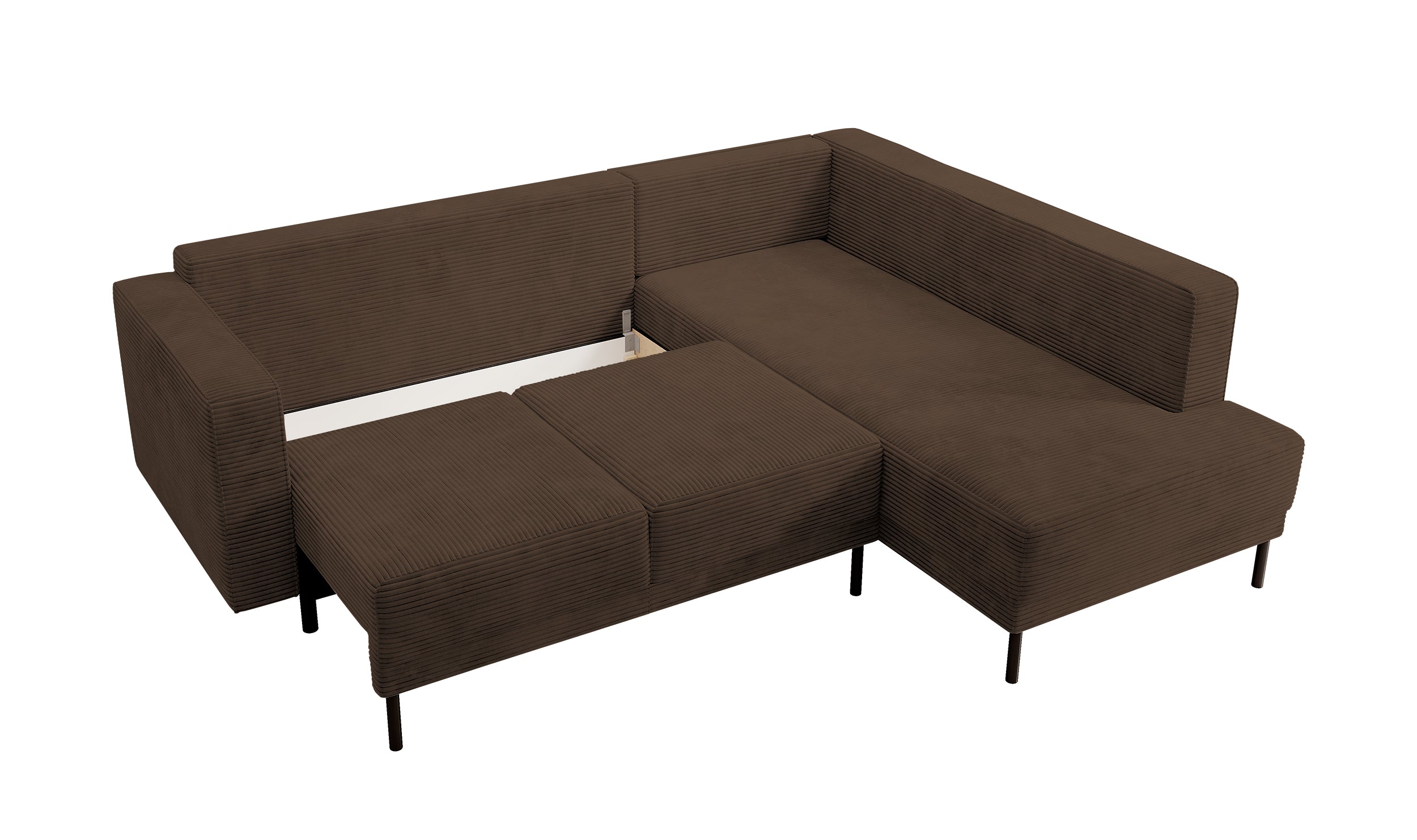 Ecksofa Rodario mit Schlafunktion und Bettkasten, dunkelbrauner Cord, rechtsseitig