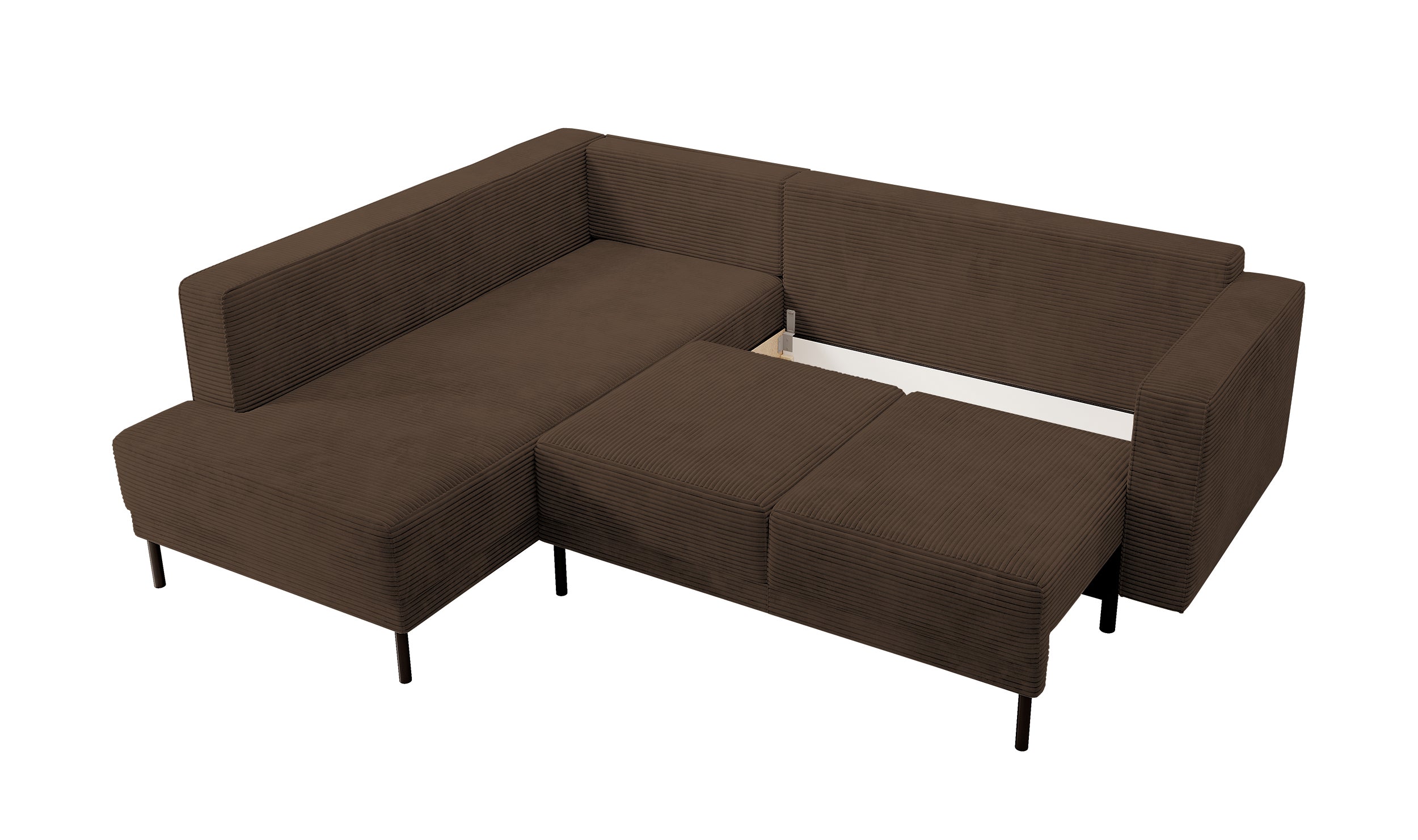 Ecksofa Rodario mit Schlaffunktion und Bettkasten, dunkelbrauner Cord, linksseitig
