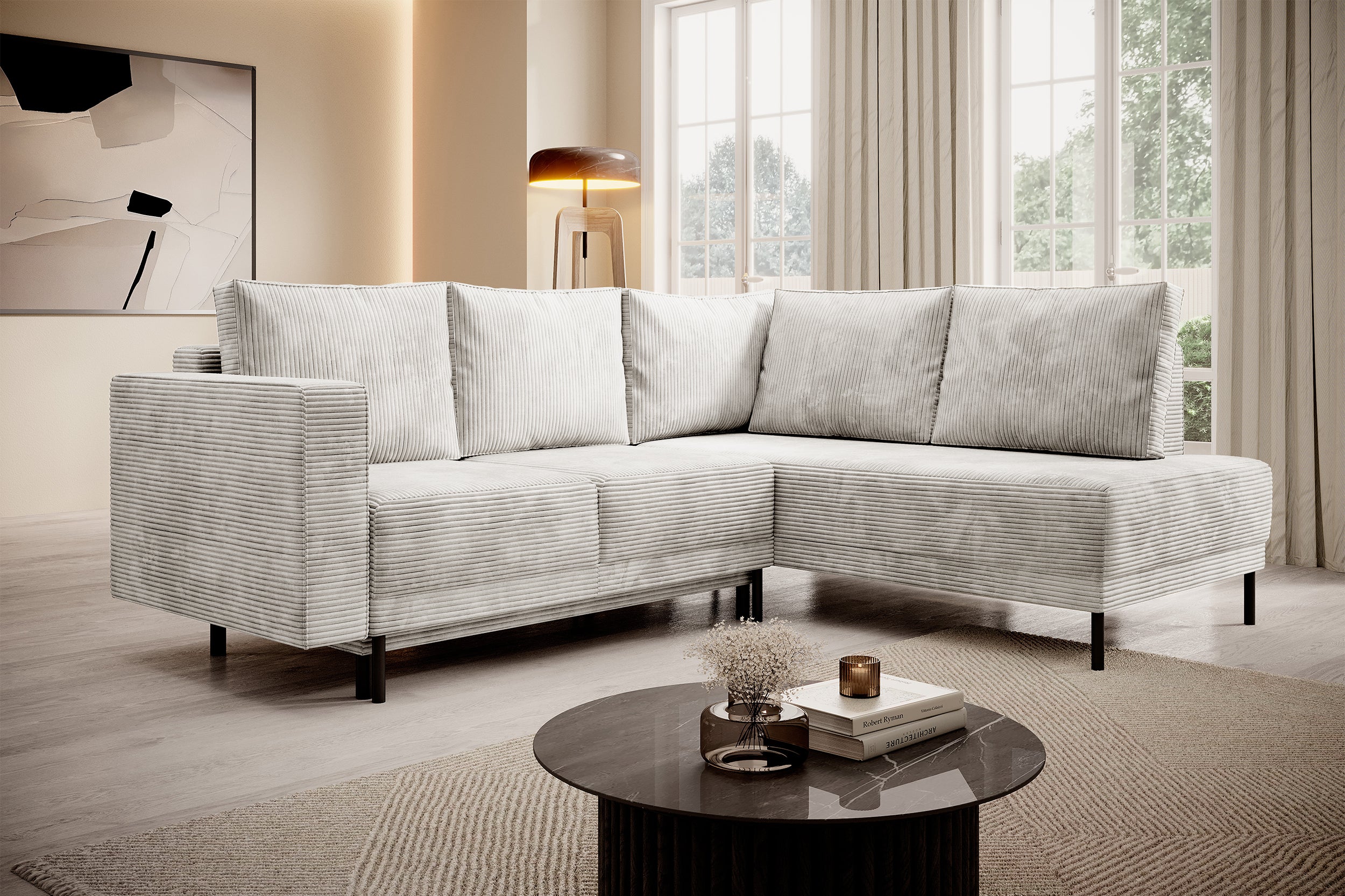 Ecksofa Rodario mit Schlaffunktion und Bettkasten, graubeiger Cord, rechtsseitig