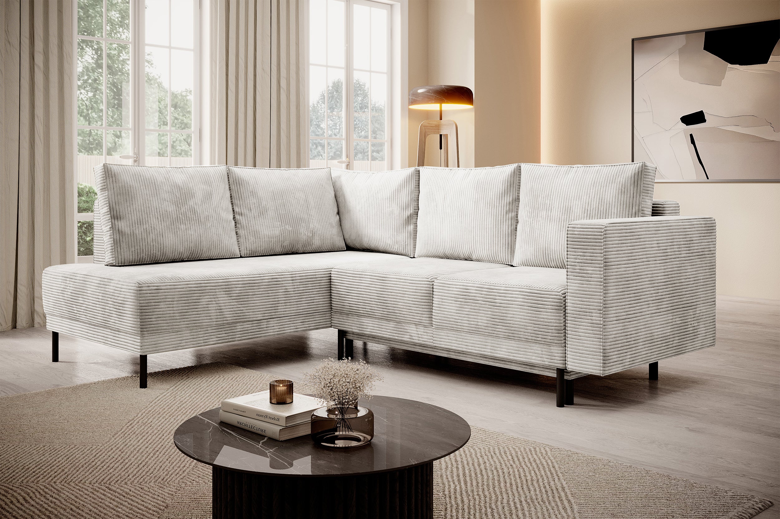 Ecksofa Rodario mit Schlaffunktion und Bettkasten, grau-beiger Cord, linksseitig