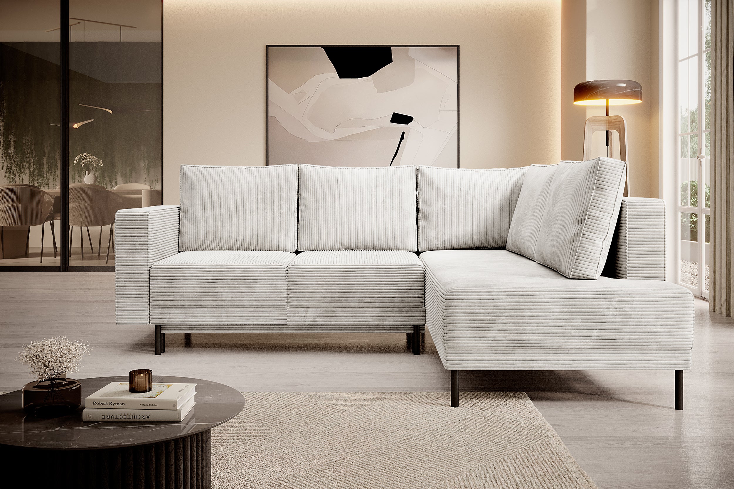 Ecksofa Rodario mit Schlaffunktion und Bettkasten, graubeiger Cord, rechtsseitig