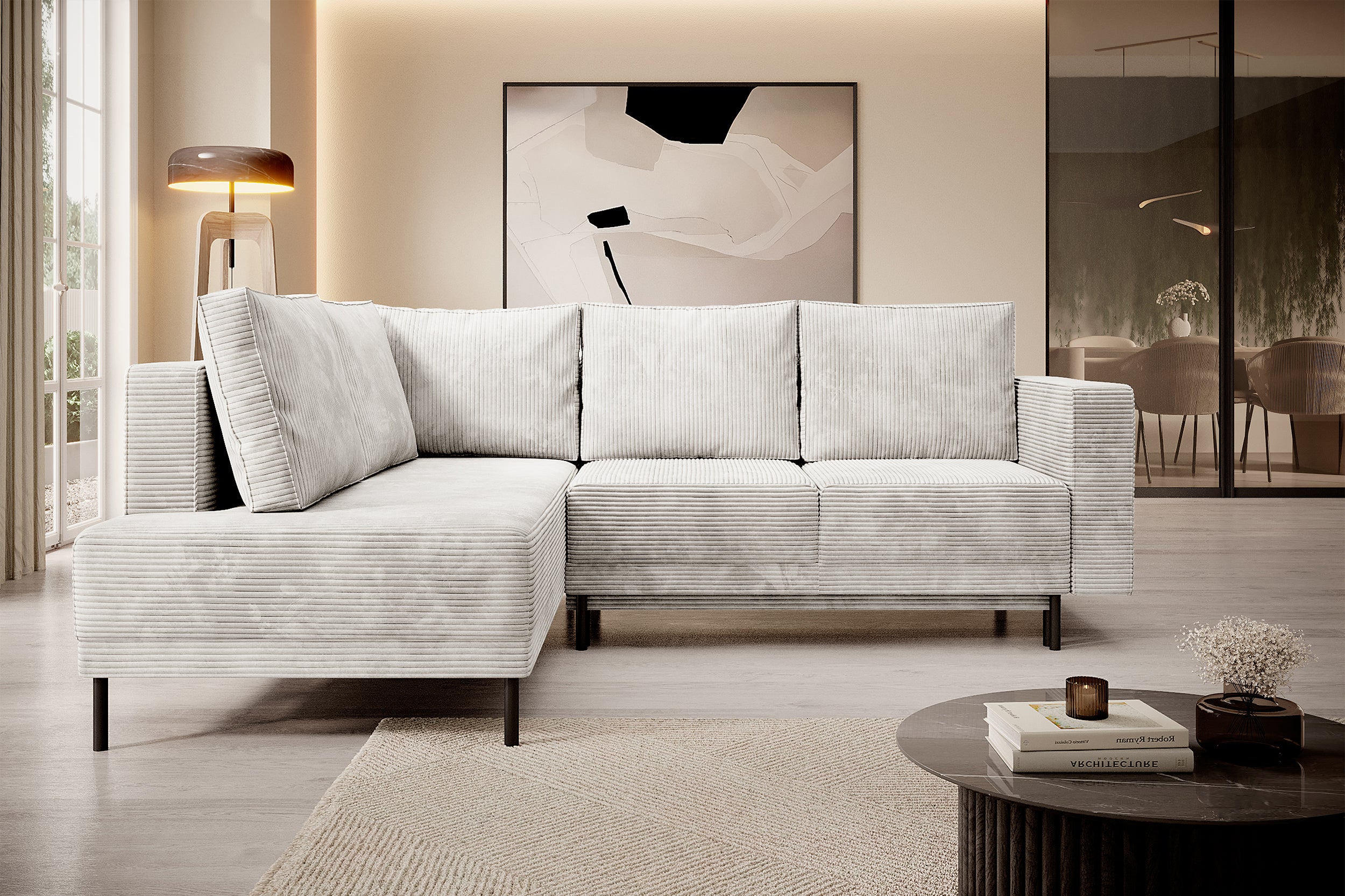 Ecksofa Rodario mit Schlaffunktion und Bettkasten, grau-beiger Cord, linksseitig