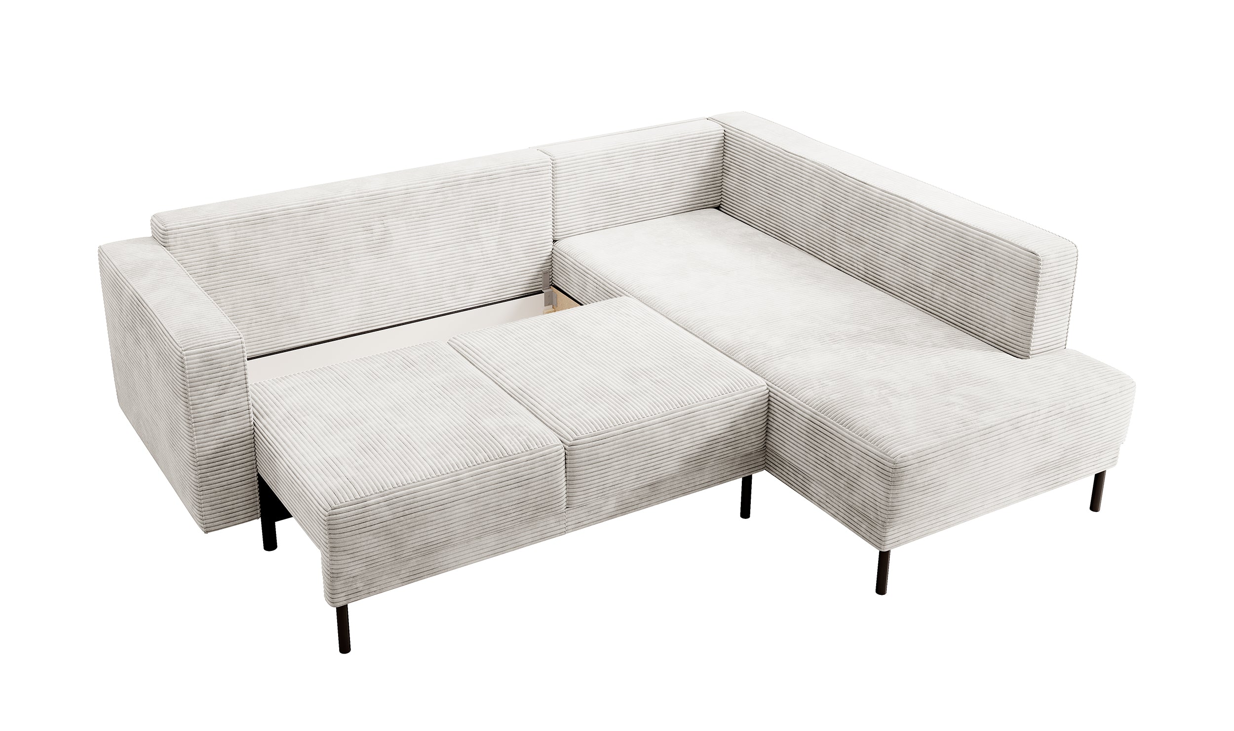 Ecksofa Rodario mit Schlaffunktion und Bettkasten, graubeiger Cord, rechtsseitig