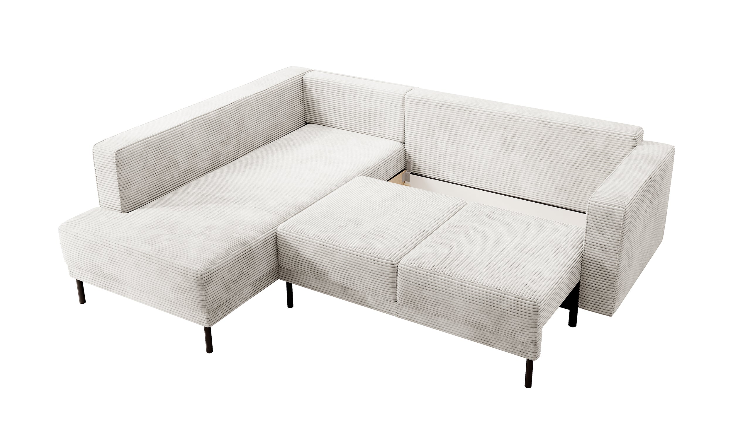 Ecksofa Rodario mit Schlaffunktion und Bettkasten, grau-beiger Cord, linksseitig