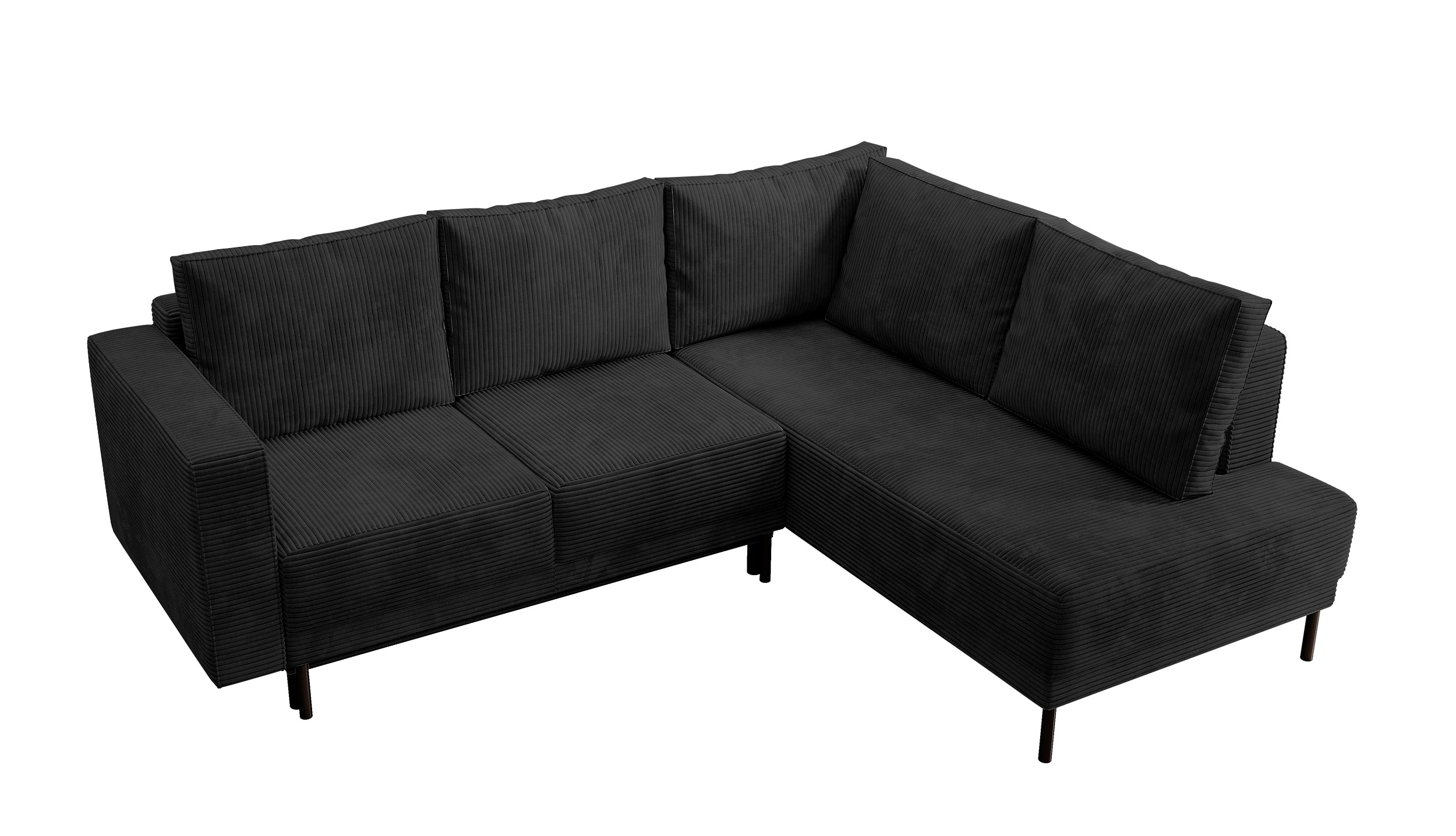 Ecksofa Rodario mit Schlafunktion und Bettkasten, schwarzer Cord, rechtsseitig