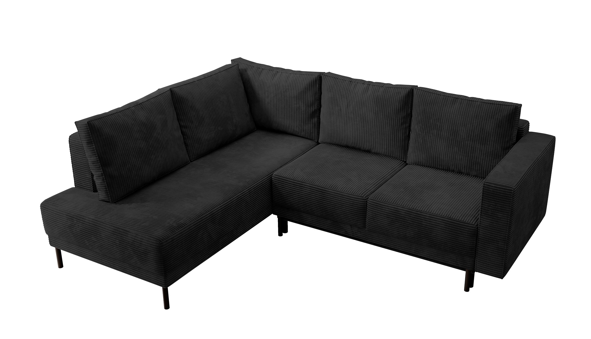 Ecksofa Rodario mit Schlaffunktion und Bettkasten, schwarzer Cord, linksseitig