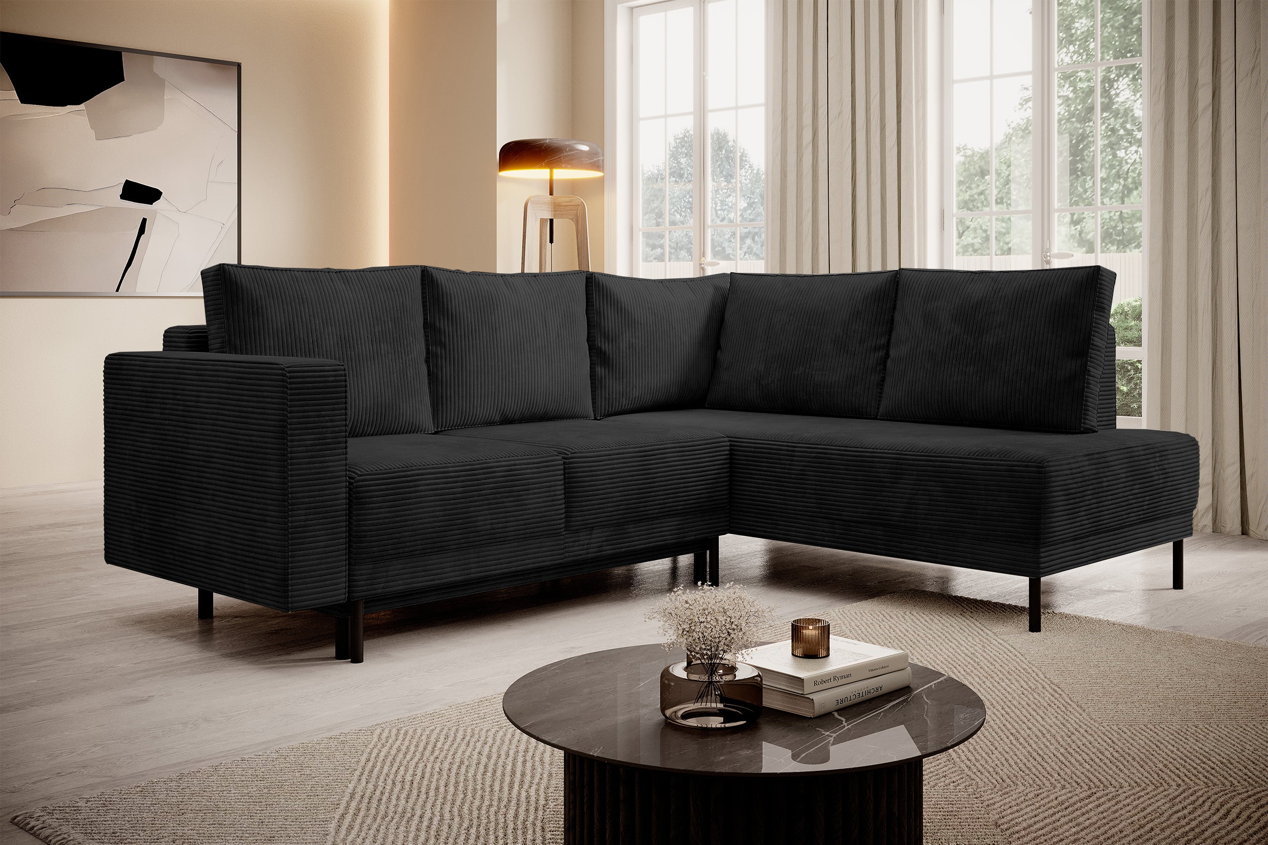 Ecksofa Rodario mit Schlafunktion und Bettkasten, schwarzer Cord, rechtsseitig
