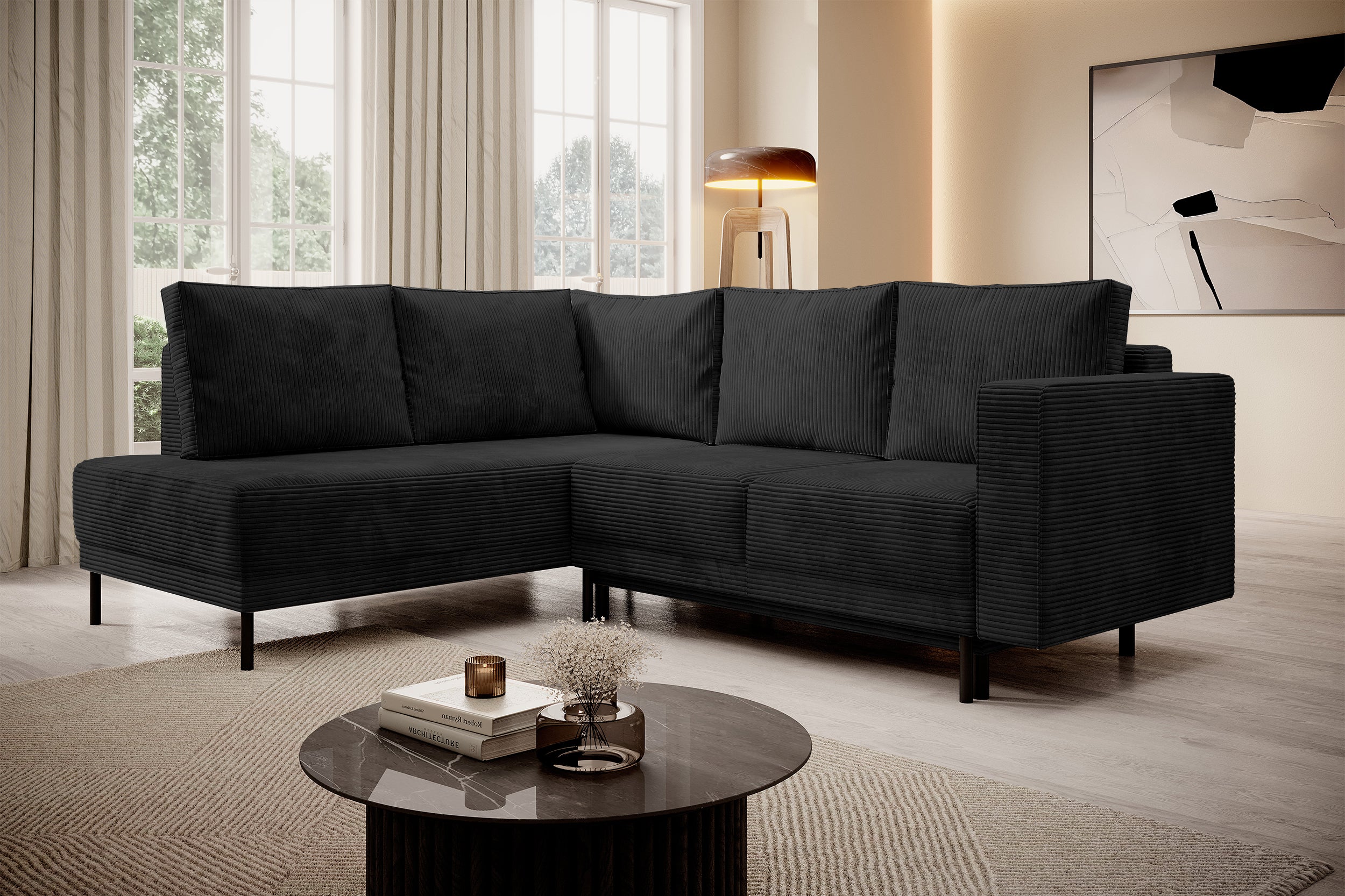 Ecksofa Rodario mit Schlaffunktion und Bettkasten, schwarzer Cord, linksseitig