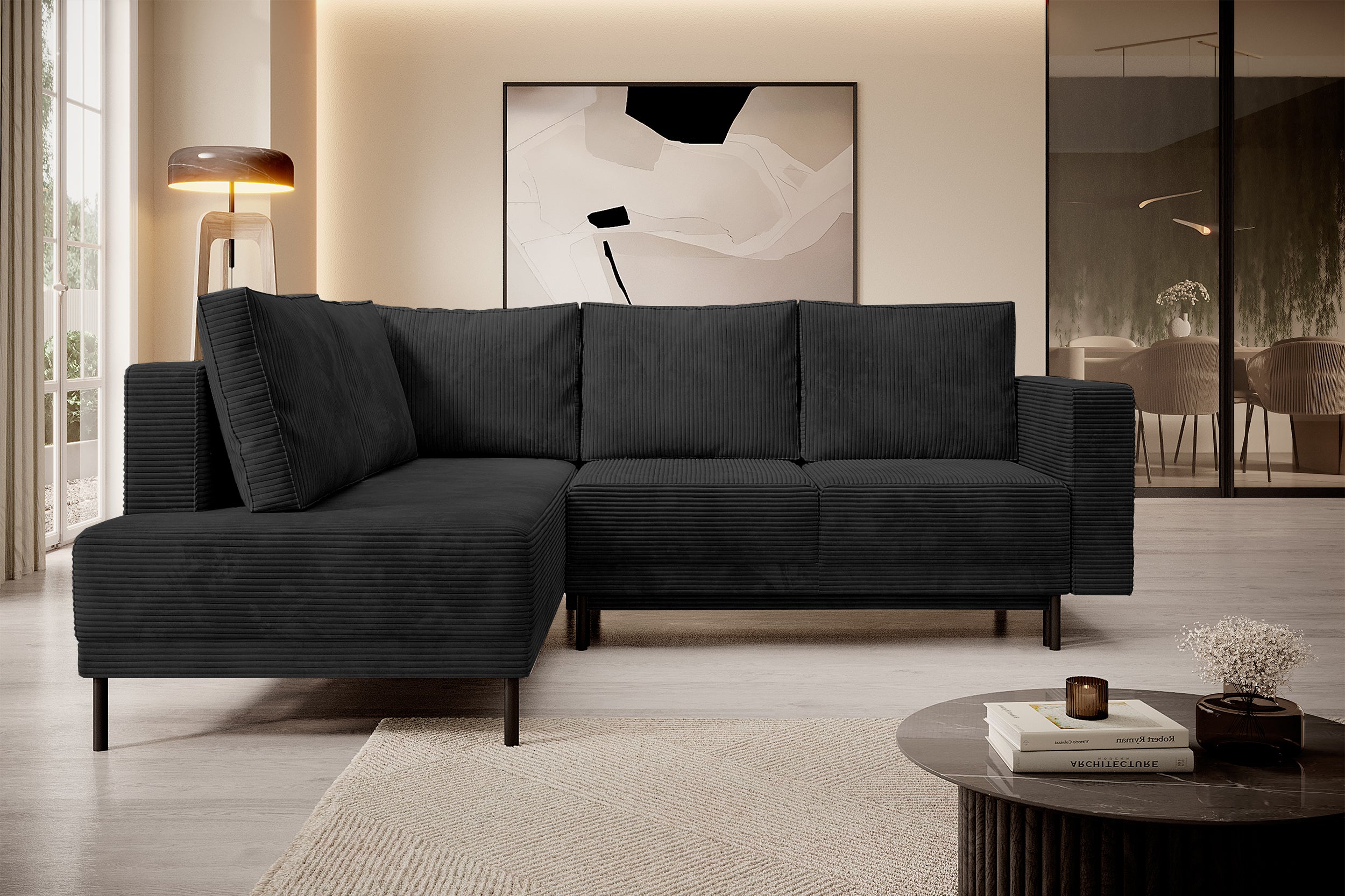 Ecksofa Rodario mit Schlaffunktion und Bettkasten, schwarzer Cord, linksseitig