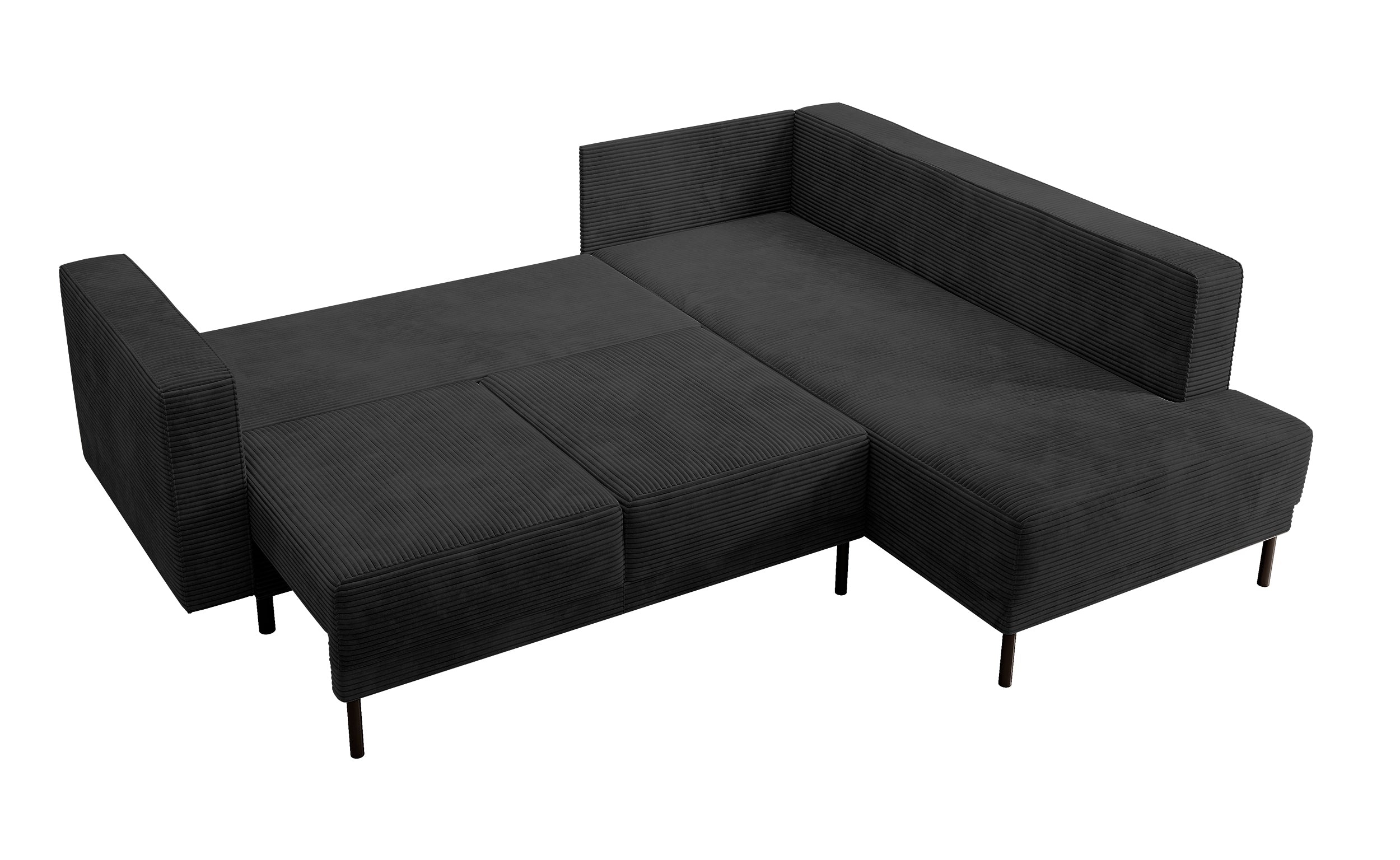 Ecksofa Rodario mit Schlafunktion und Bettkasten, schwarzer Cord, rechtsseitig