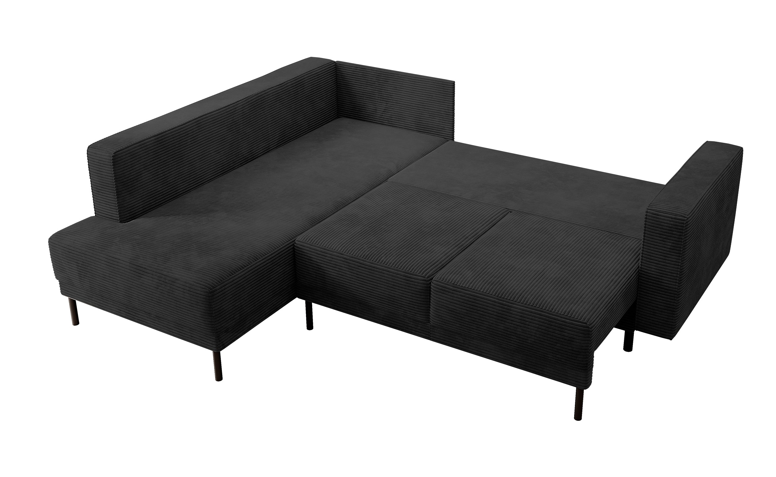 Ecksofa Rodario mit Schlaffunktion und Bettkasten, schwarzer Cord, linksseitig