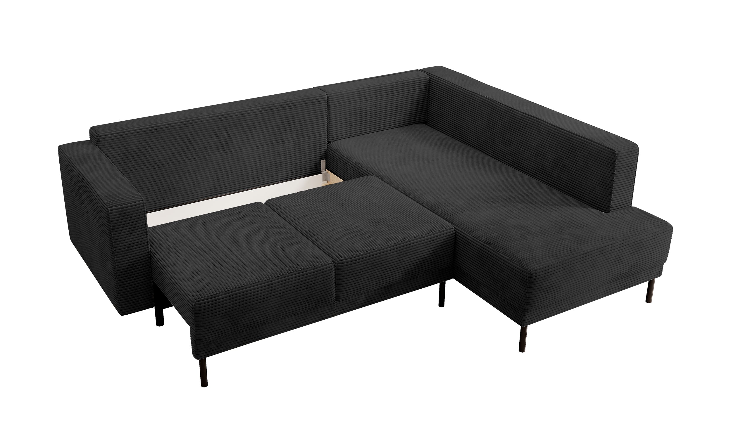 Ecksofa Rodario mit Schlafunktion und Bettkasten, schwarzer Cord, rechtsseitig