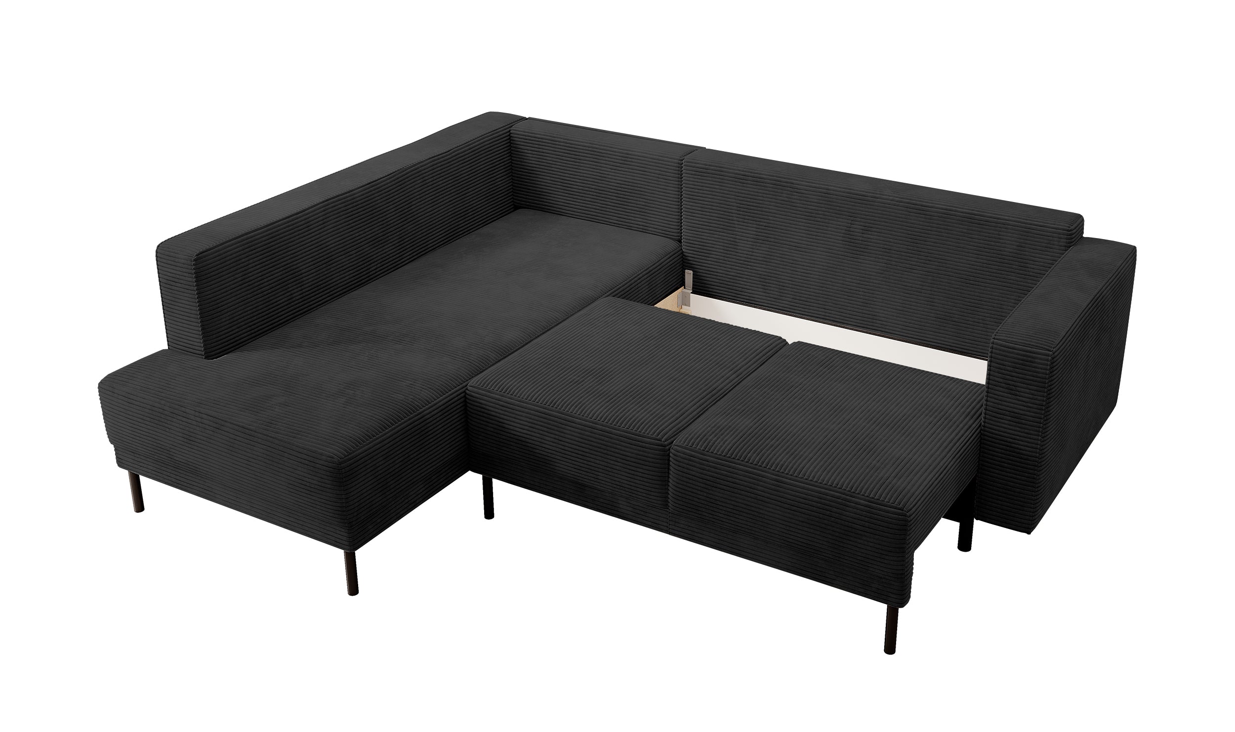 Ecksofa Rodario mit Schlaffunktion und Bettkasten, schwarzer Cord, linksseitig