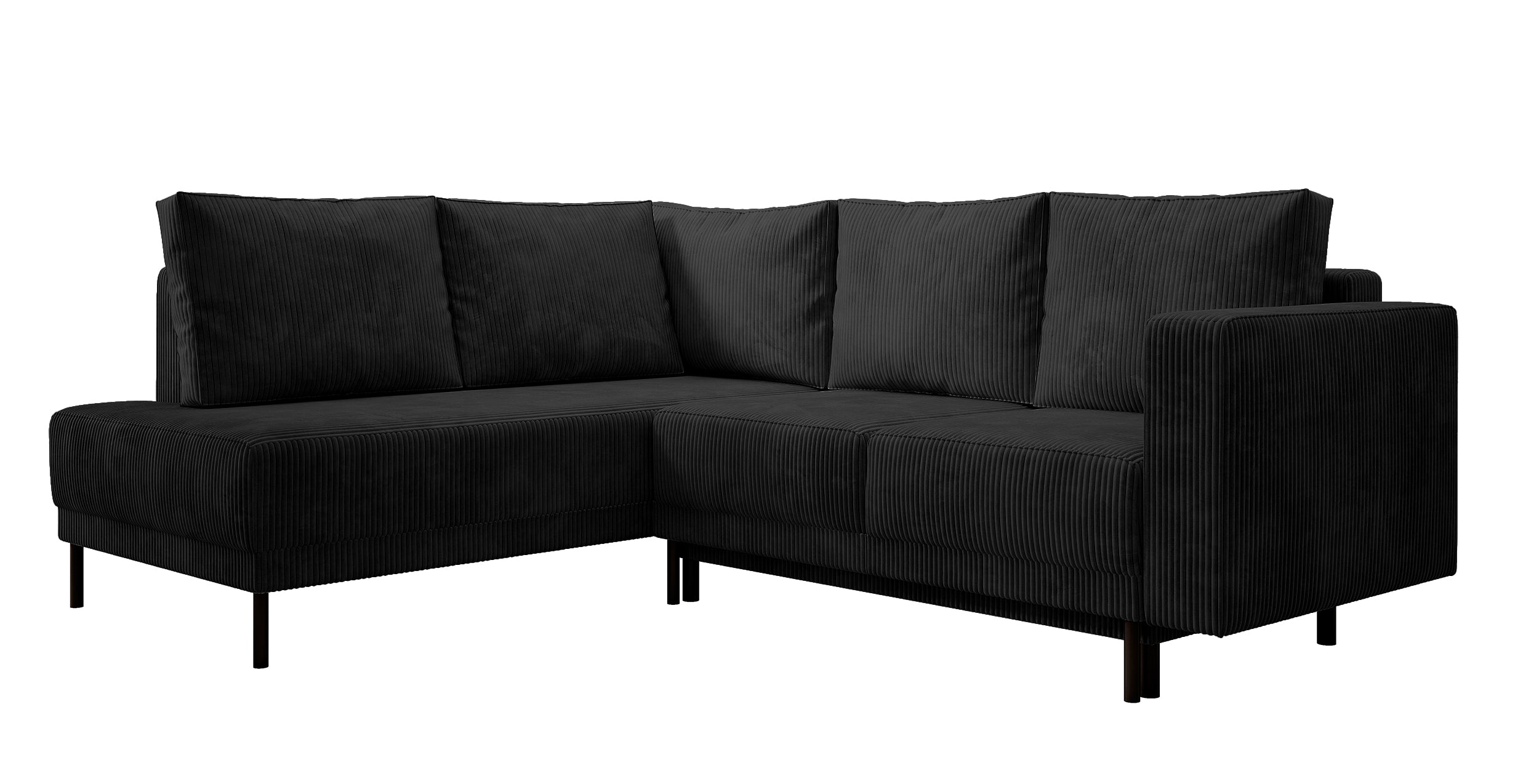 Ecksofa Rodario mit Schlaffunktion und Bettkasten, schwarzer Cord, linksseitig
