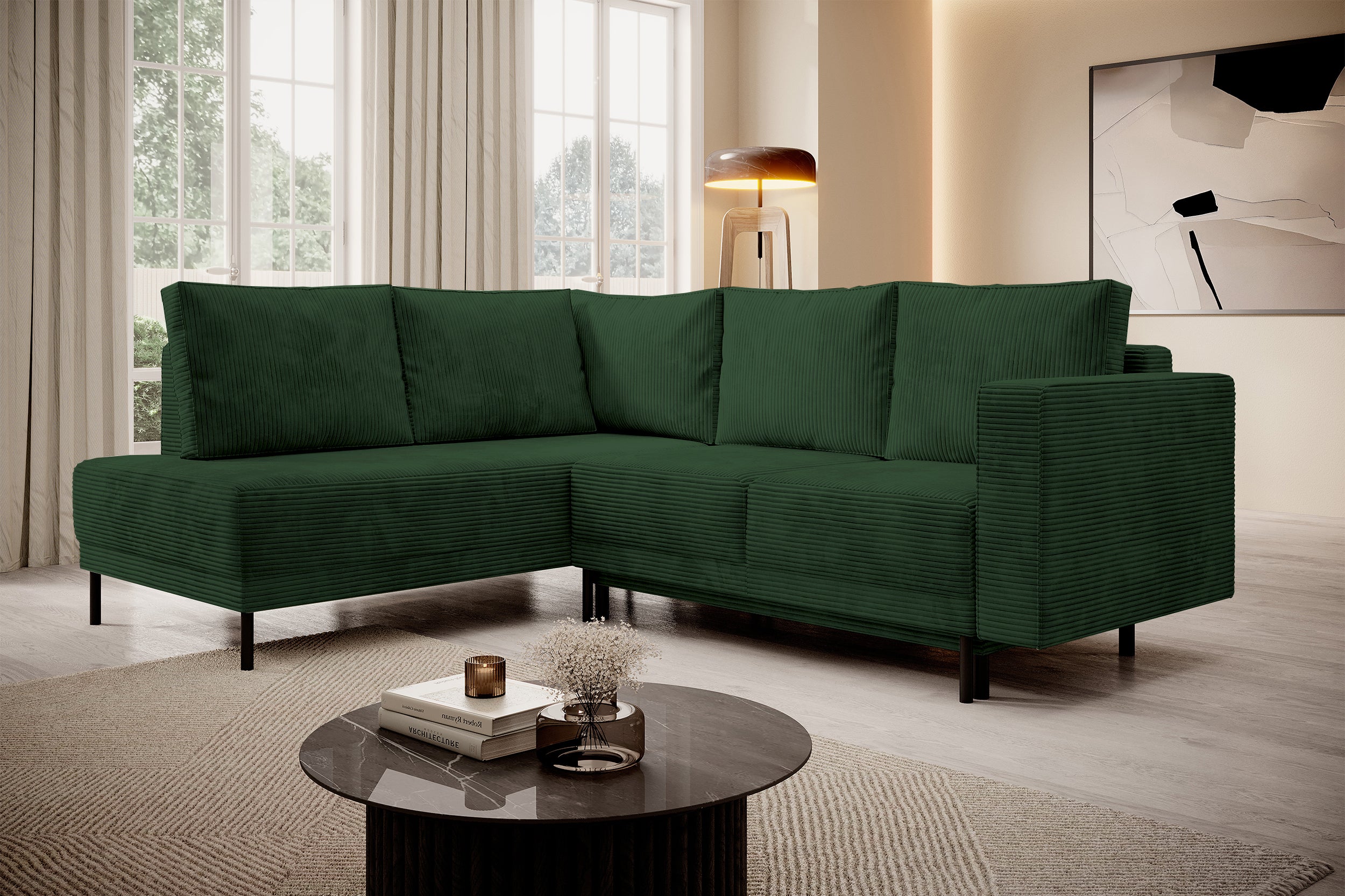 Ecksofa Rodario mit Schlaffunktion und Bettkasten, dunkelgrüner Cord, linksseitig