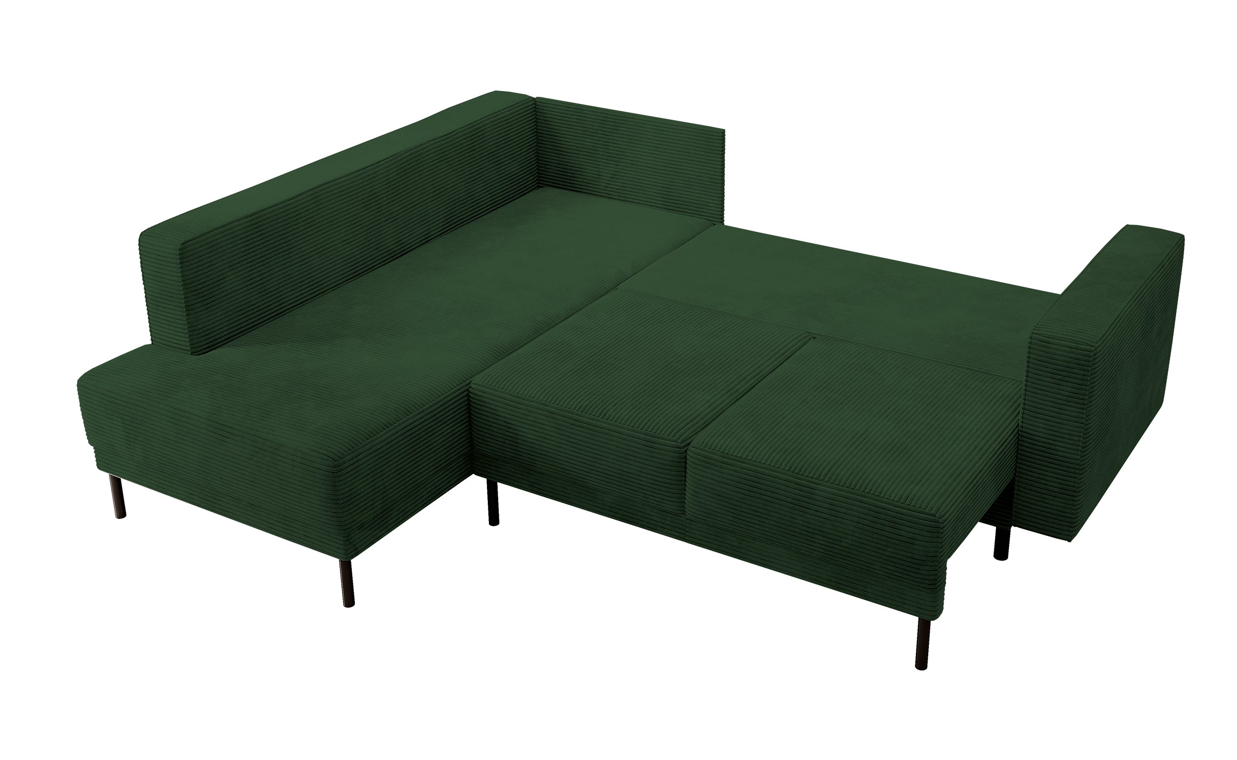 Ecksofa Rodario mit Schlaffunktion und Bettkasten, dunkelgrüner Cord, linksseitig